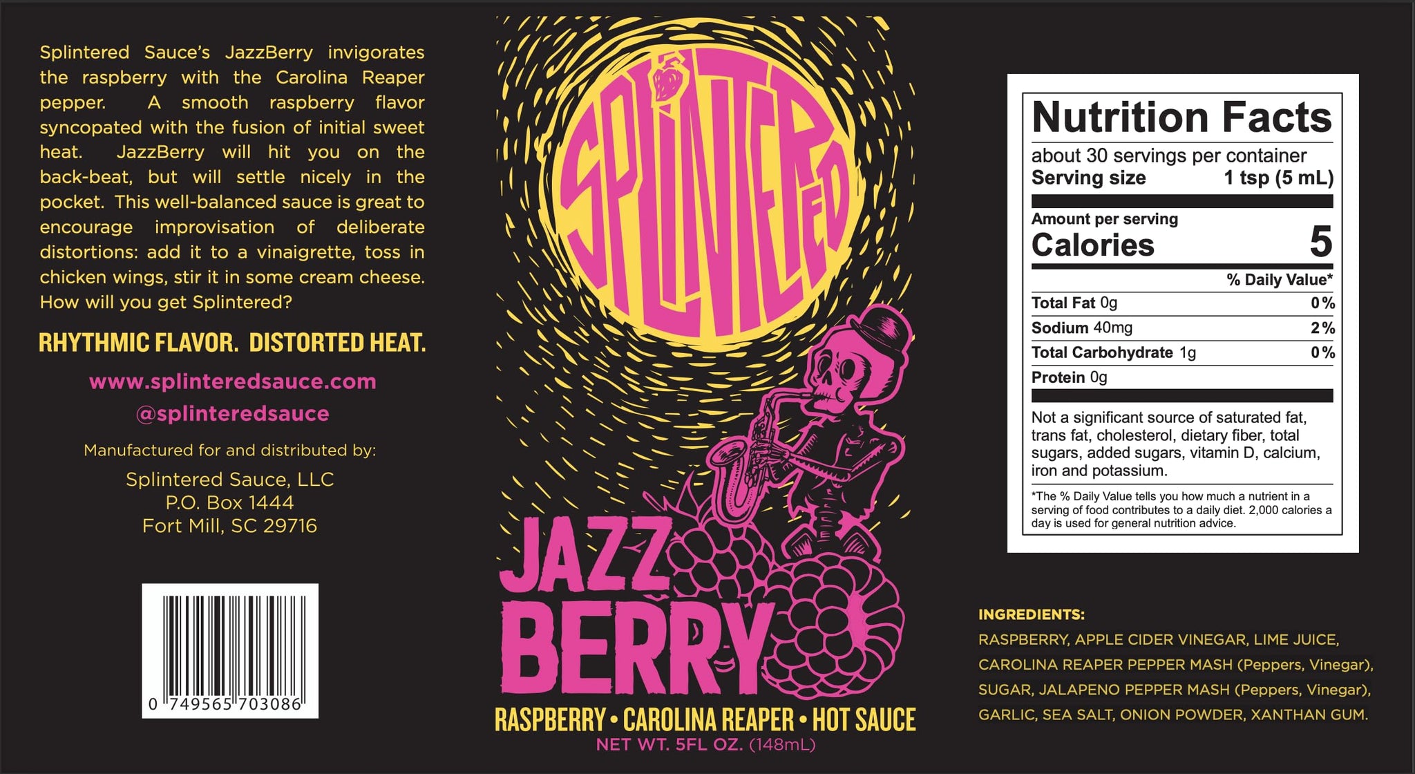 Splintered Sauce JazzBerry Hot Sauce - Sweet Raspberry & Carolina Reaper - Award-Winning Fruit-Based Hot Sauce - Rhythmic Flavor. Distorted Heat
