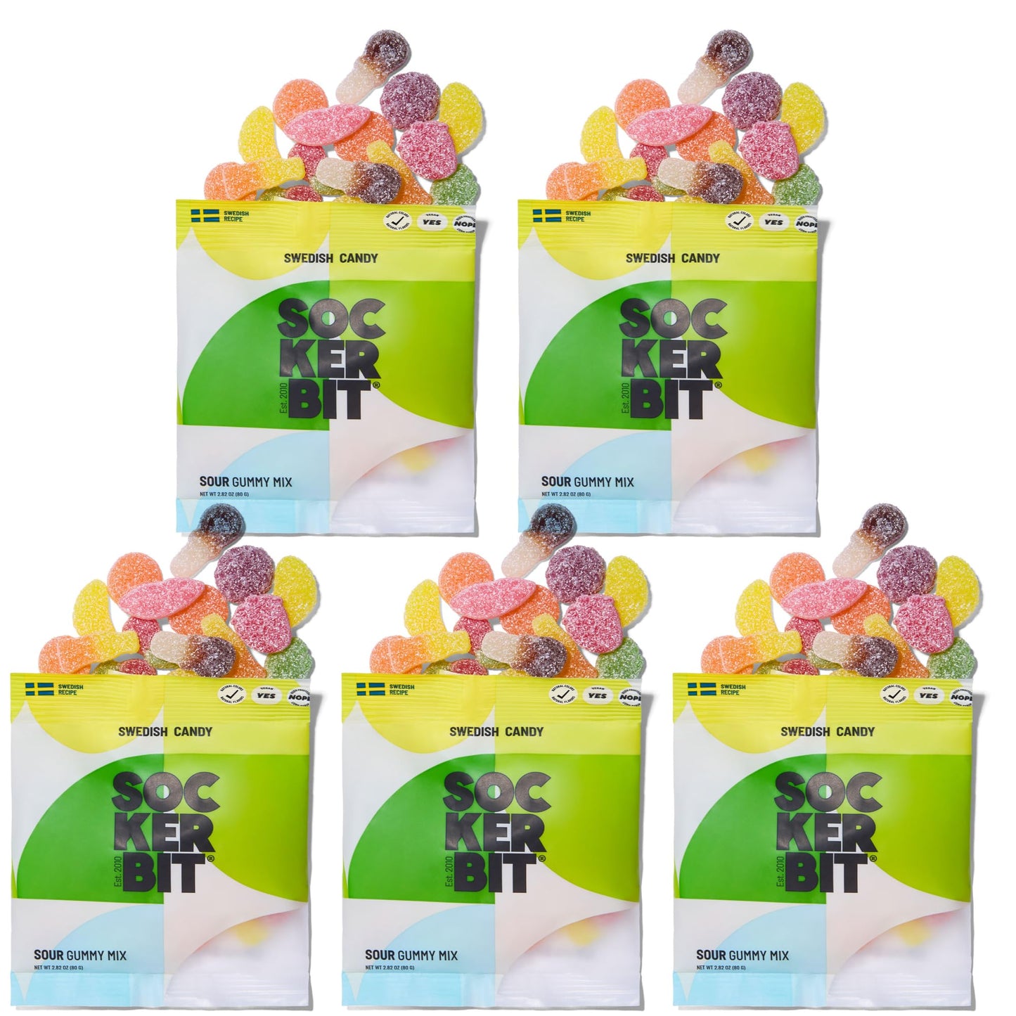Sockerbit Swedish Candy Sour Gummy Mix, 5 Bags, Assorted Sour Gummy Candy Mix, Soft & Chewy Fruit Gummies with Variety of Flavors, Textures & Shapes