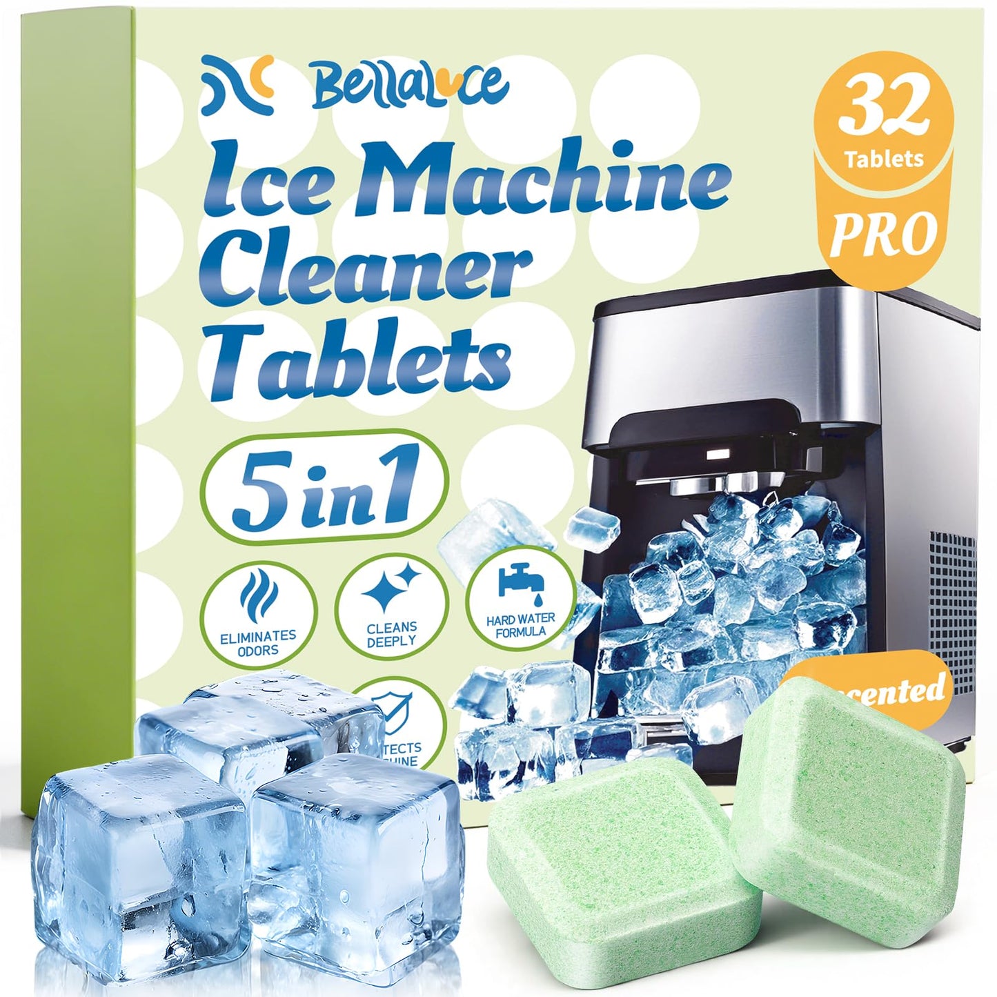 Bellaluce Ice Machine Cleaner Tablets, 32 Effervescent Descaling Tabs, Nickel Safe Cleaner for Countertop, Nugget, Portable & Commercial Ice Makers