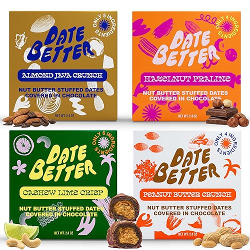Date Better Stuffed Medjool Dates Variety Pack - Dark Chocolate-Covered Dates Filled With Peanut Butter, Hazelnut, Cashew Lime & Almond Java | No
