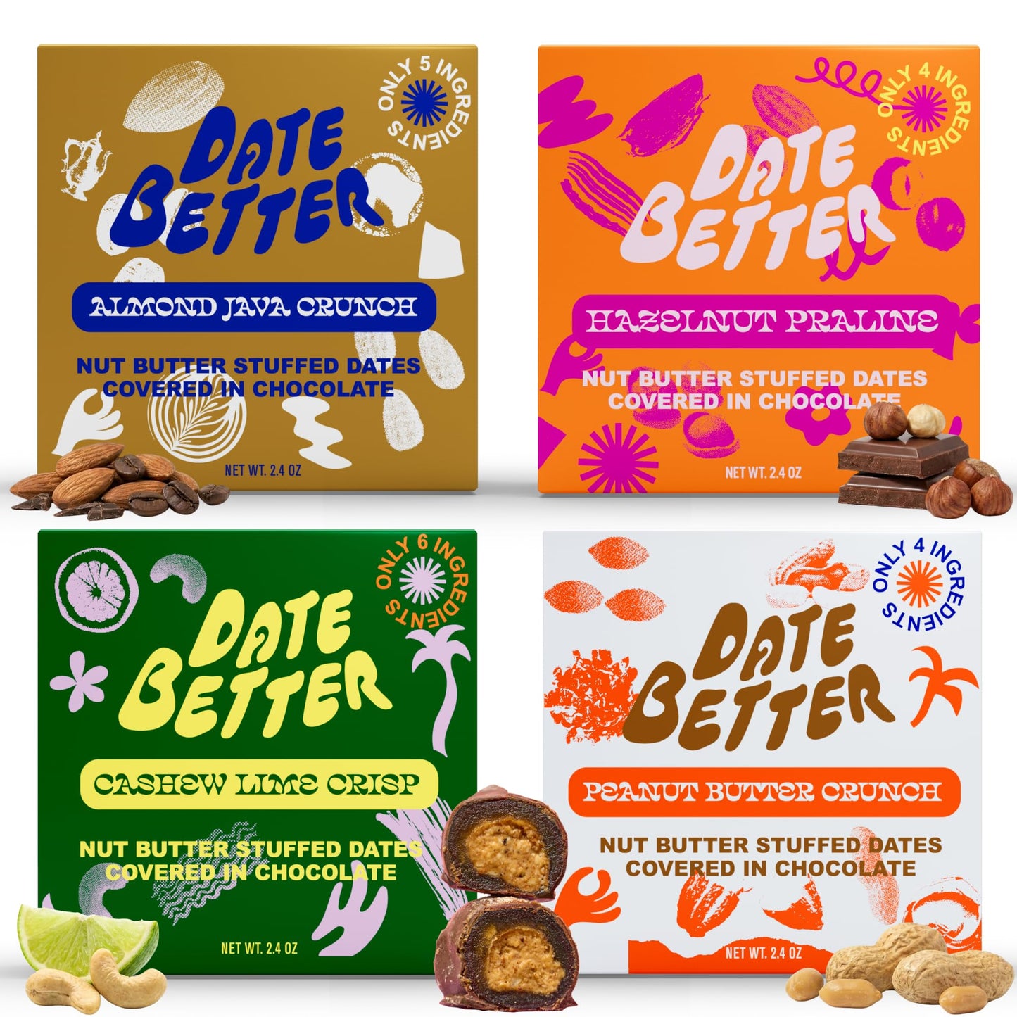 Date Better Stuffed Medjool Dates Variety Pack - Dark Chocolate-Covered Dates Filled With Peanut Butter, Hazelnut, Cashew Lime & Almond Java | No