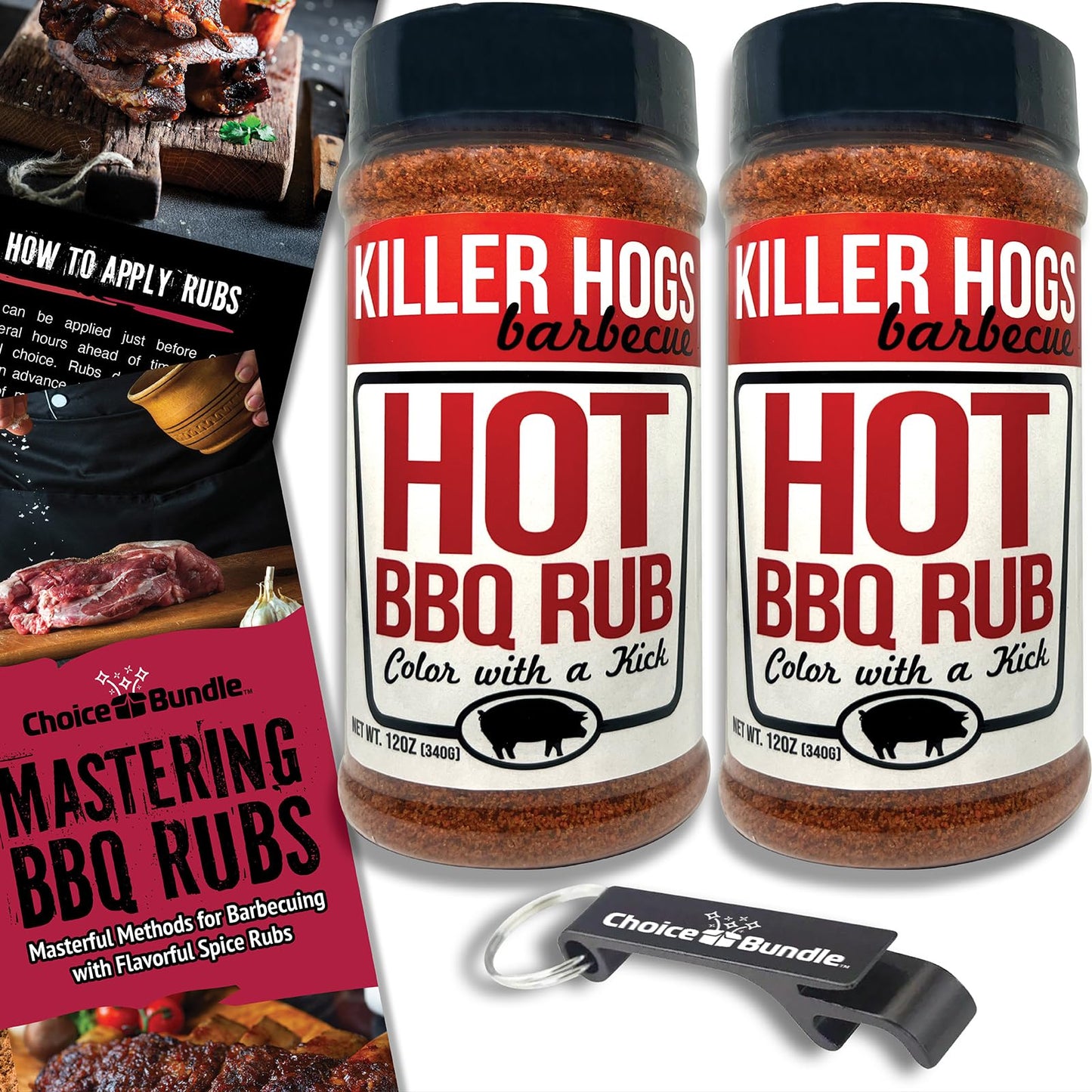 Killer Hogs Hot BBQ Rub Premium Barbecue Rub & Seasoning 2 pk (24 oz) + Guide & Bottle Opener (4 Items)!