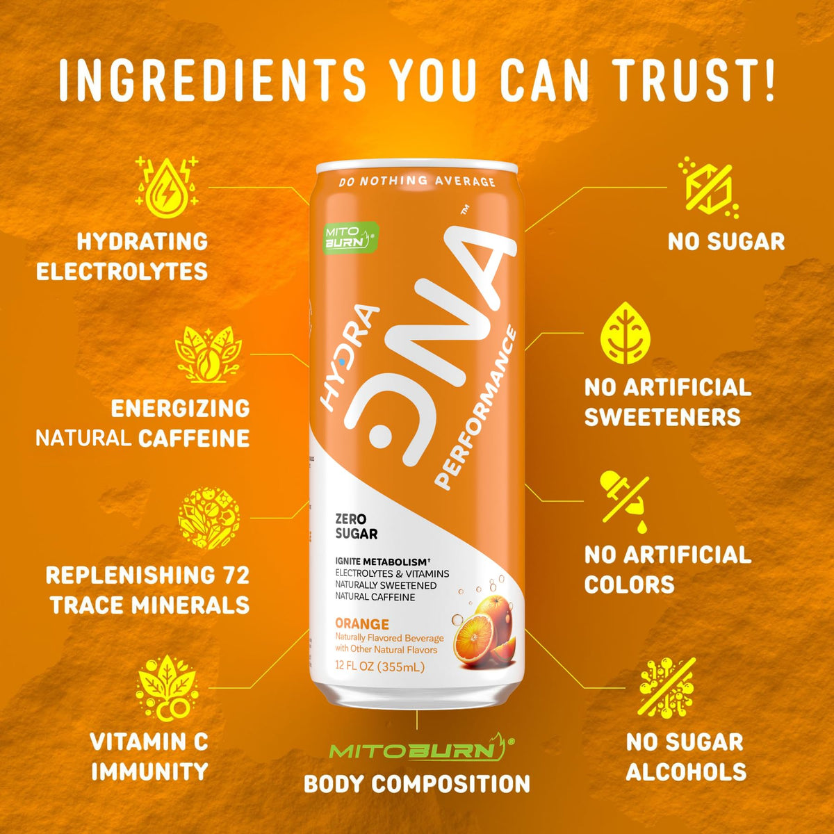 HYDRADNA- Clean Performance Drink, Zero Sugar | For Natural Fuel, Alertness, Boost, Stamina,120 mg Organic Caffeine, Natural Flavors, Zero Sucralose