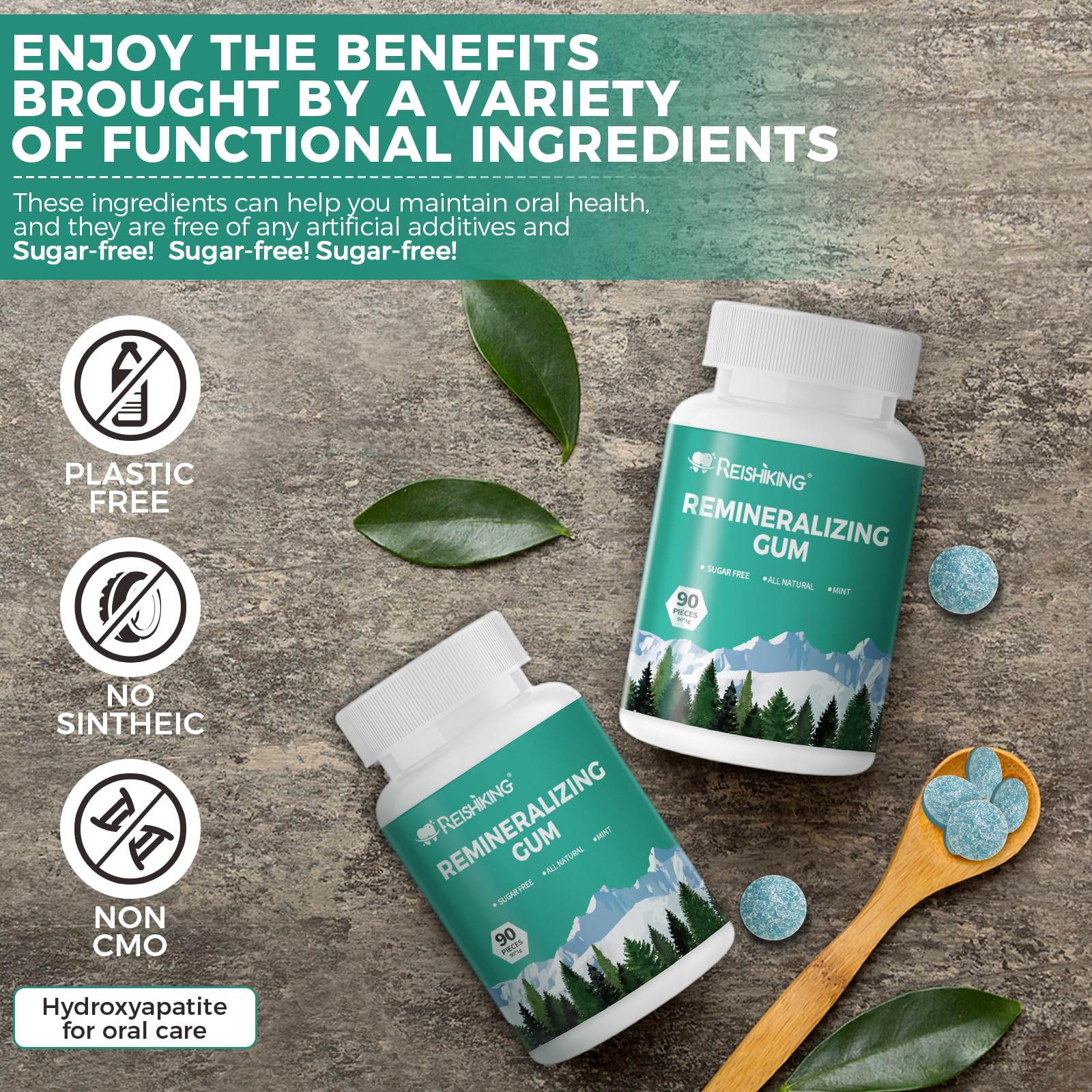 Remineralizing Gum, Containing Nano Hydroxyapatite, 90 Pieces, Teeth Remineralization, Sugar-Free Chewing Gum with Xylitol, Mint Flavor, Two pieces
