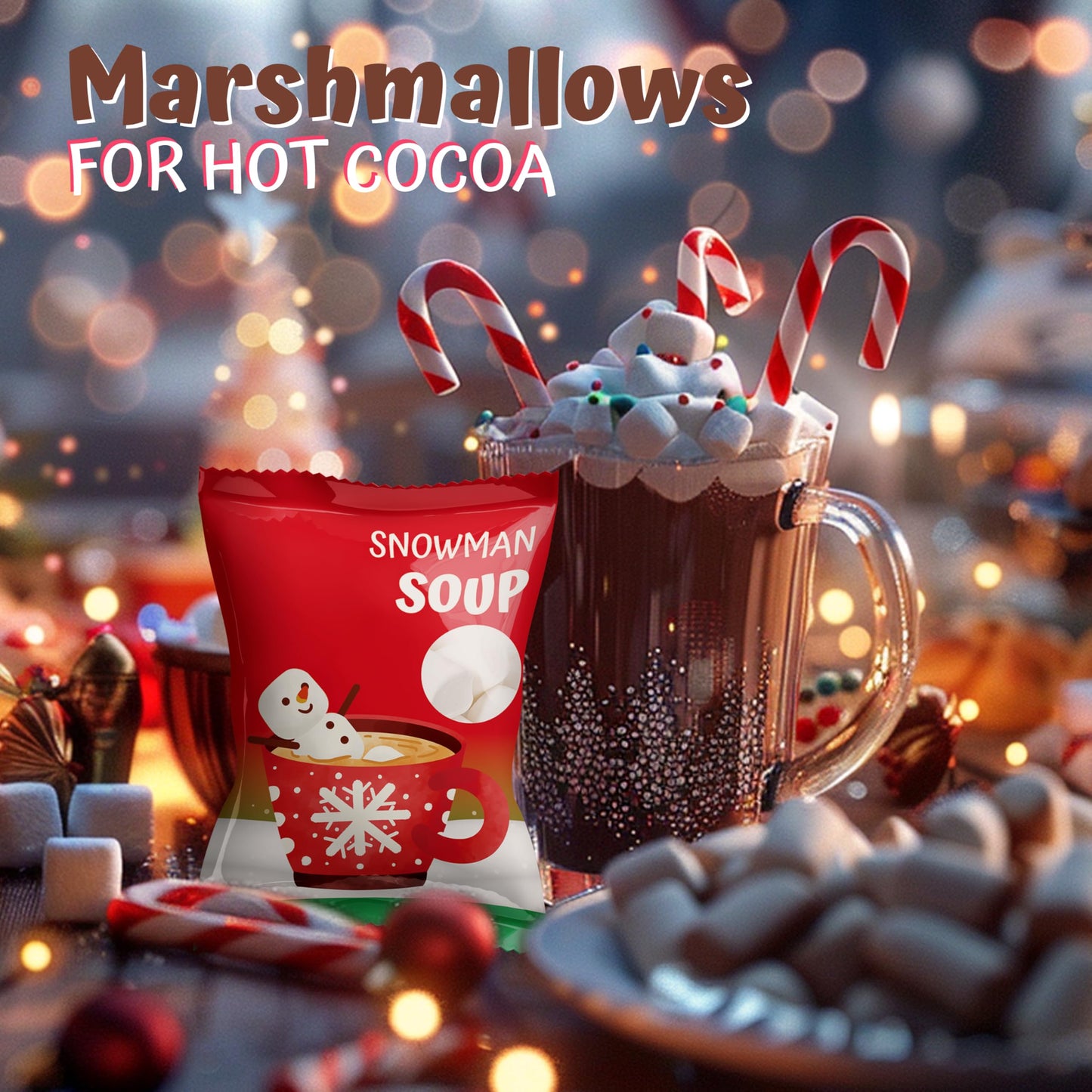 4E's Novelty 50 Packs "Snowman Soup" Mini Marshmallow Packets, Vanilla Flavored, 14 Marshmallows in Each Bag, Bulk Individually Wrapped Christmas