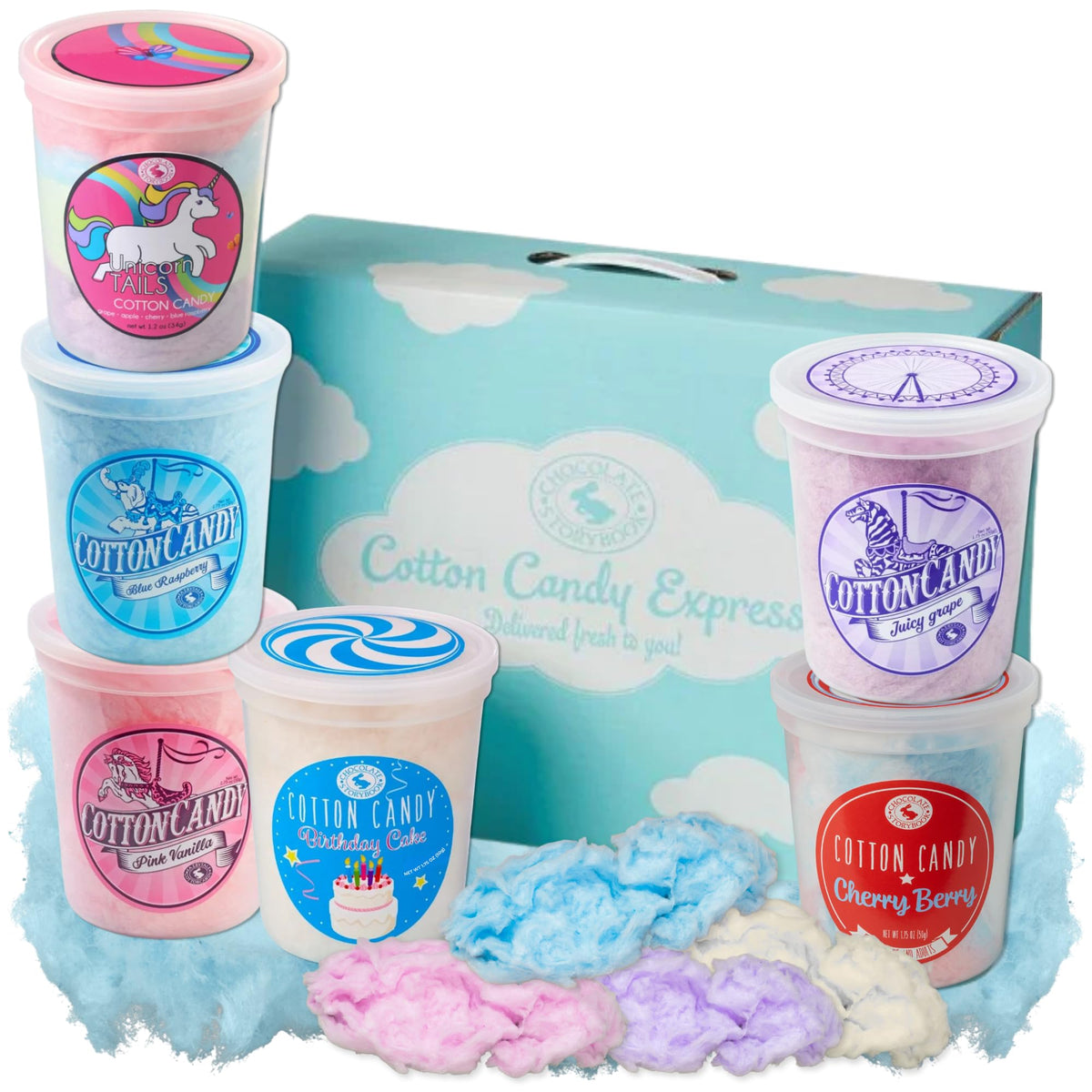 CHOCOLATE STORYBOOK Cotton Candy, Gift Box - Unicorn Tails, Blue Raspberry, Classic Pink, Birthday Cake, Grape, Cherry Berry - (Variety, 6-Pack)