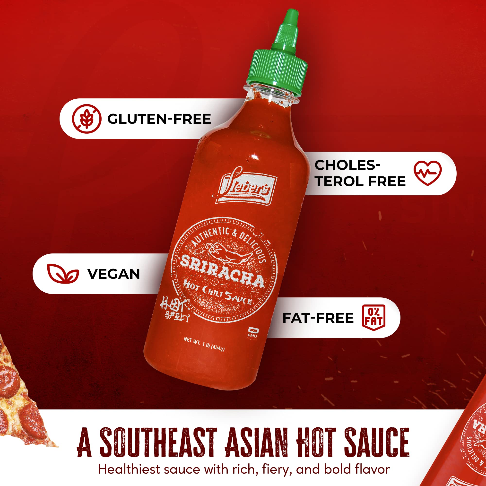 Lieber's Sriracha Hot Chili Sauce, Authentic And Delicious, Non-GMO, No MSG, Gluten-free, Cholesterol-free, and Vegan, NET WT. 1 lb (Pack of 2) (454g)