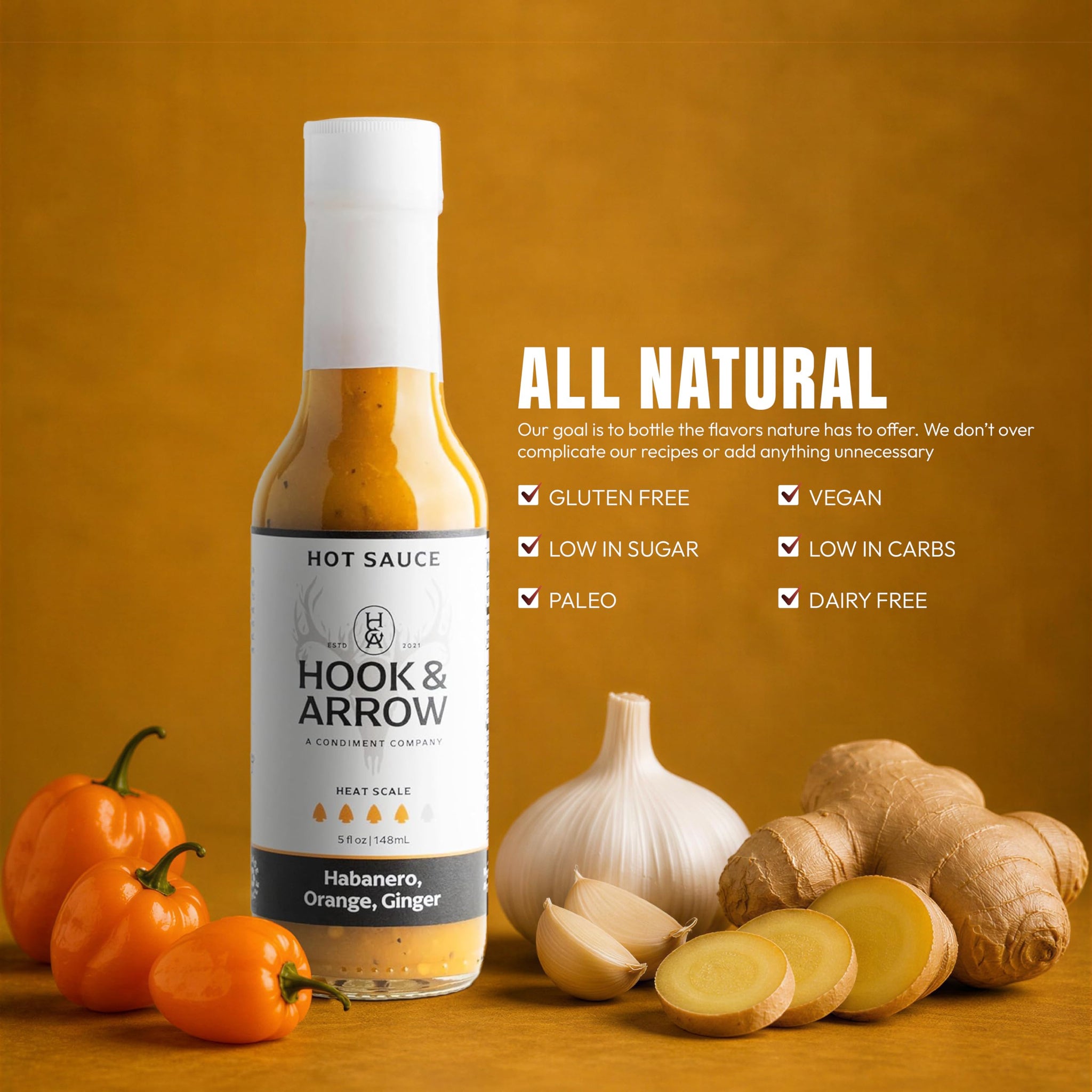 Hook & Arrow Habanero Orange Ginger Hot Sauce - Award Winning Spicy Habanero Pepper Sauce - Low Sodium, Gluten-Free, Vegan, Paleo, Low Sugar (5 fl oz