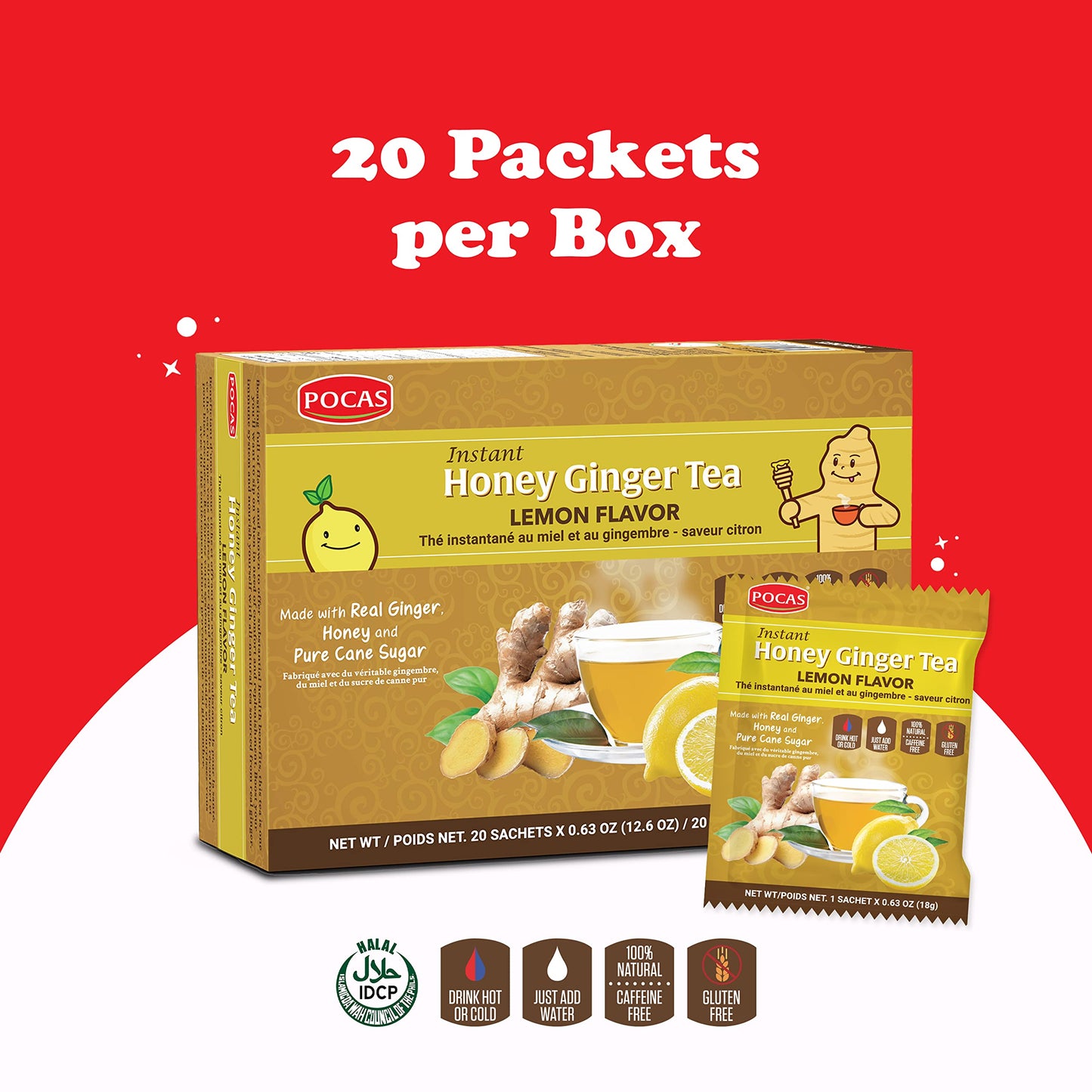 Pocas Honey Ginger Instant Tea Powder, Lemon Flavor 2-Pack, Ginger Extract & Real Honey, Caffeine-Free Tea, 20 Packets per Box