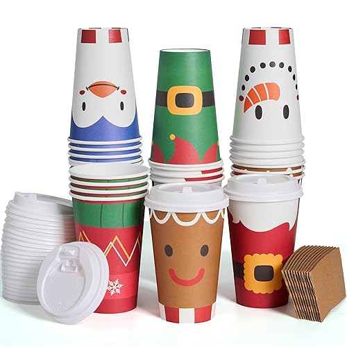 JOYIN 72 Pcs Christmas Disposable Cups with Sleeves and Lids, 4 Designs Xmas Drinkware 16 oz Paper Cup For Hot Chocolate Coffee Cold Beverage