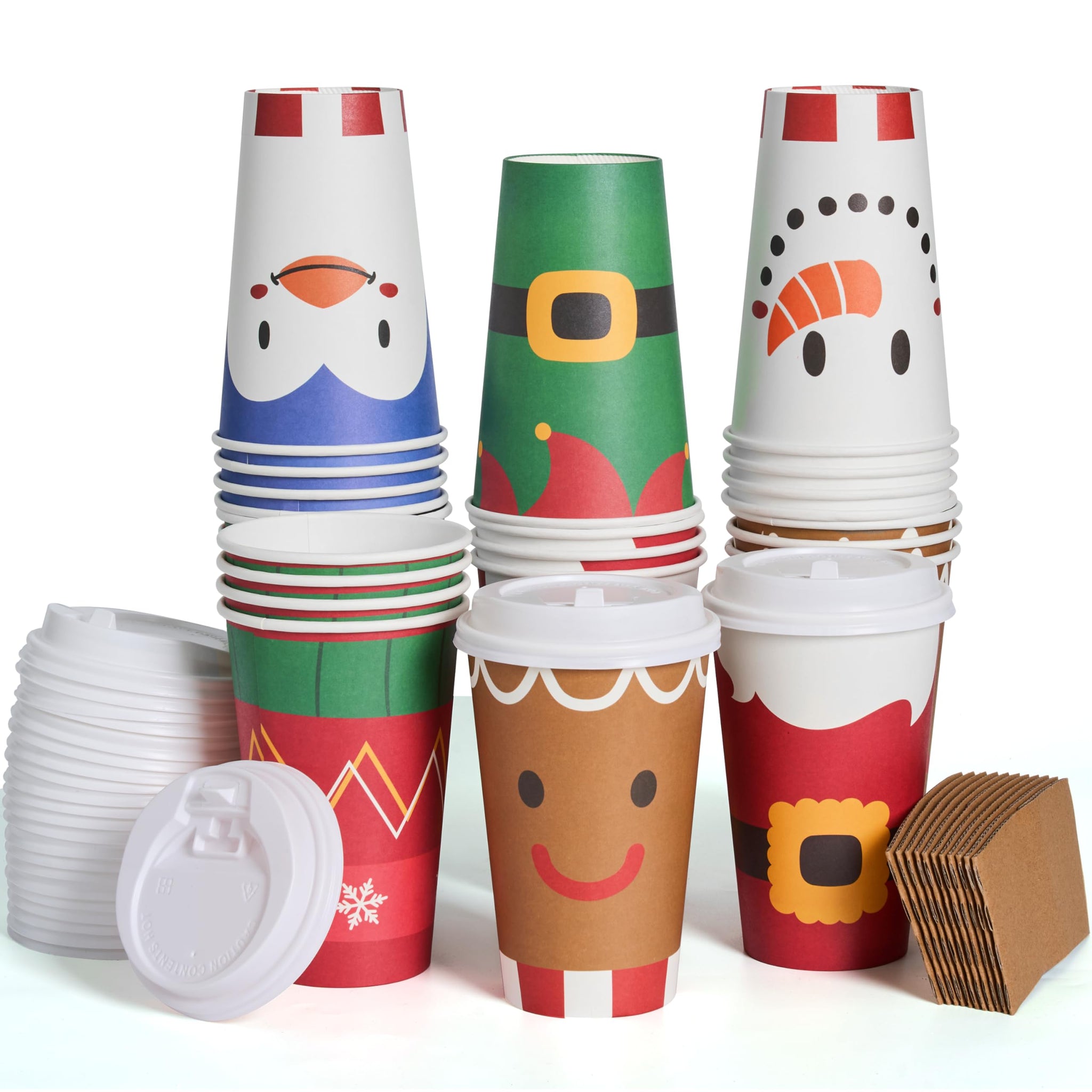 JOYIN 72 Pcs Christmas Disposable Cups with Sleeves and Lids, 4 Designs Xmas Drinkware 16 oz Paper Cup For Hot Chocolate Coffee Cold Beverage
