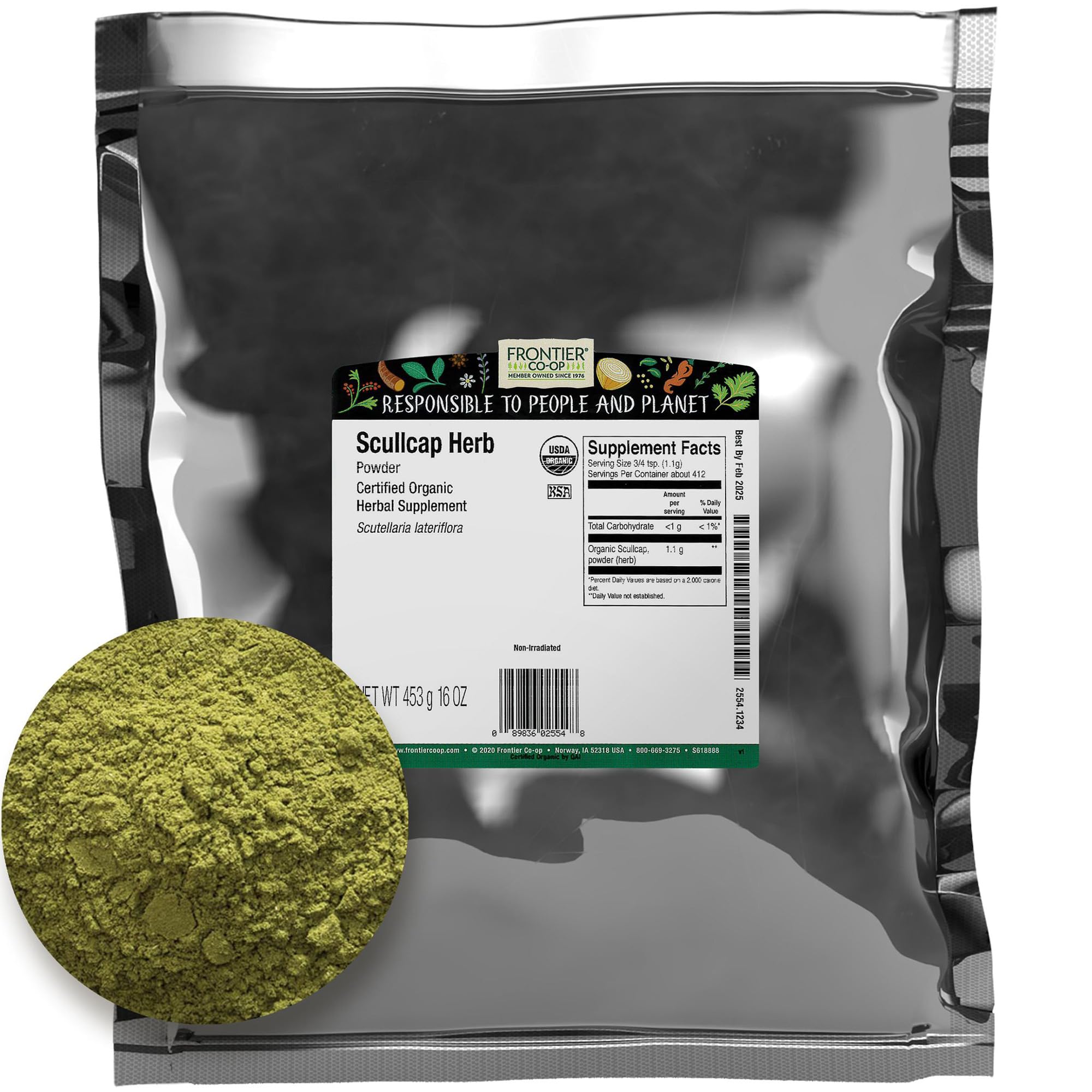 Frontier Co-op Scullcap Herb Powder, Certified Organic, Kosher | 1 lb. Bulk Bag | Scutellaria lateriflora L.