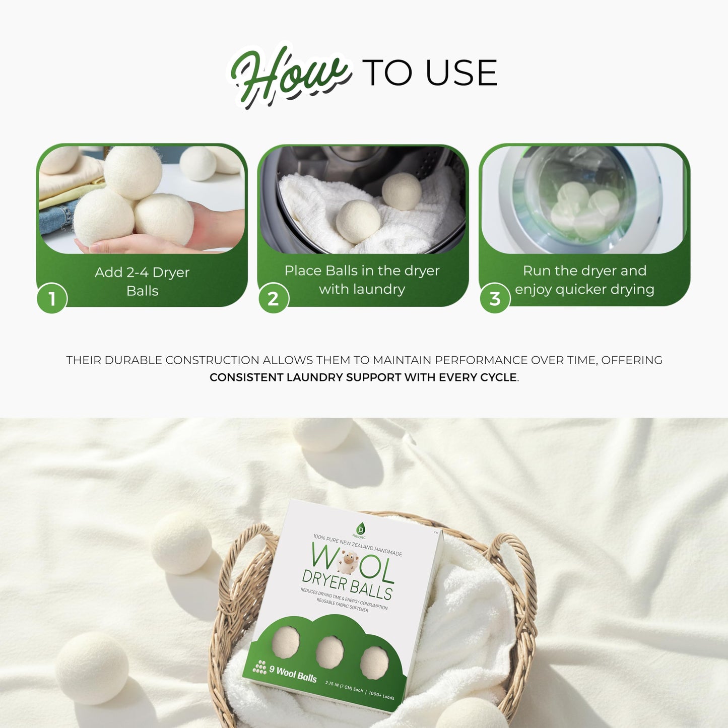 Pursonic XL Laundry Wool Dryer Balls Made with 100% Pure New Zealand Wool - Natural Reusable Fabric Softener Balls for Drying Time & Energy