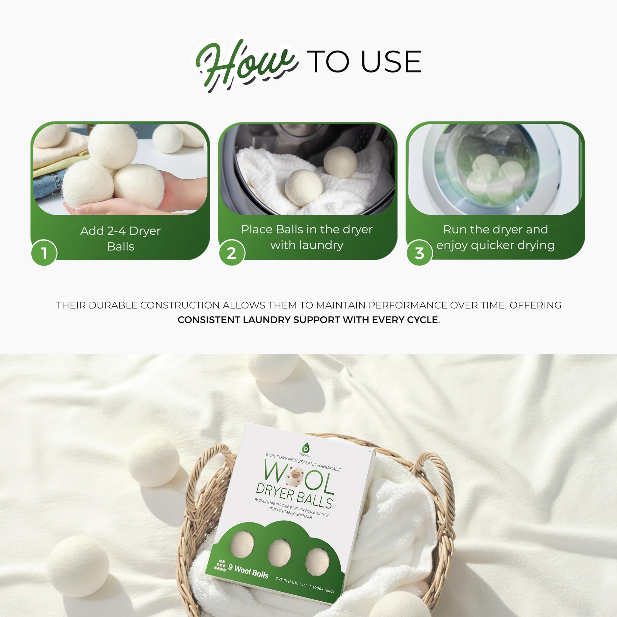 Pursonic XL Laundry Wool Dryer Balls Made with 100% Pure New Zealand Wool - Natural Reusable Fabric Softener Balls for Drying Time & Energy