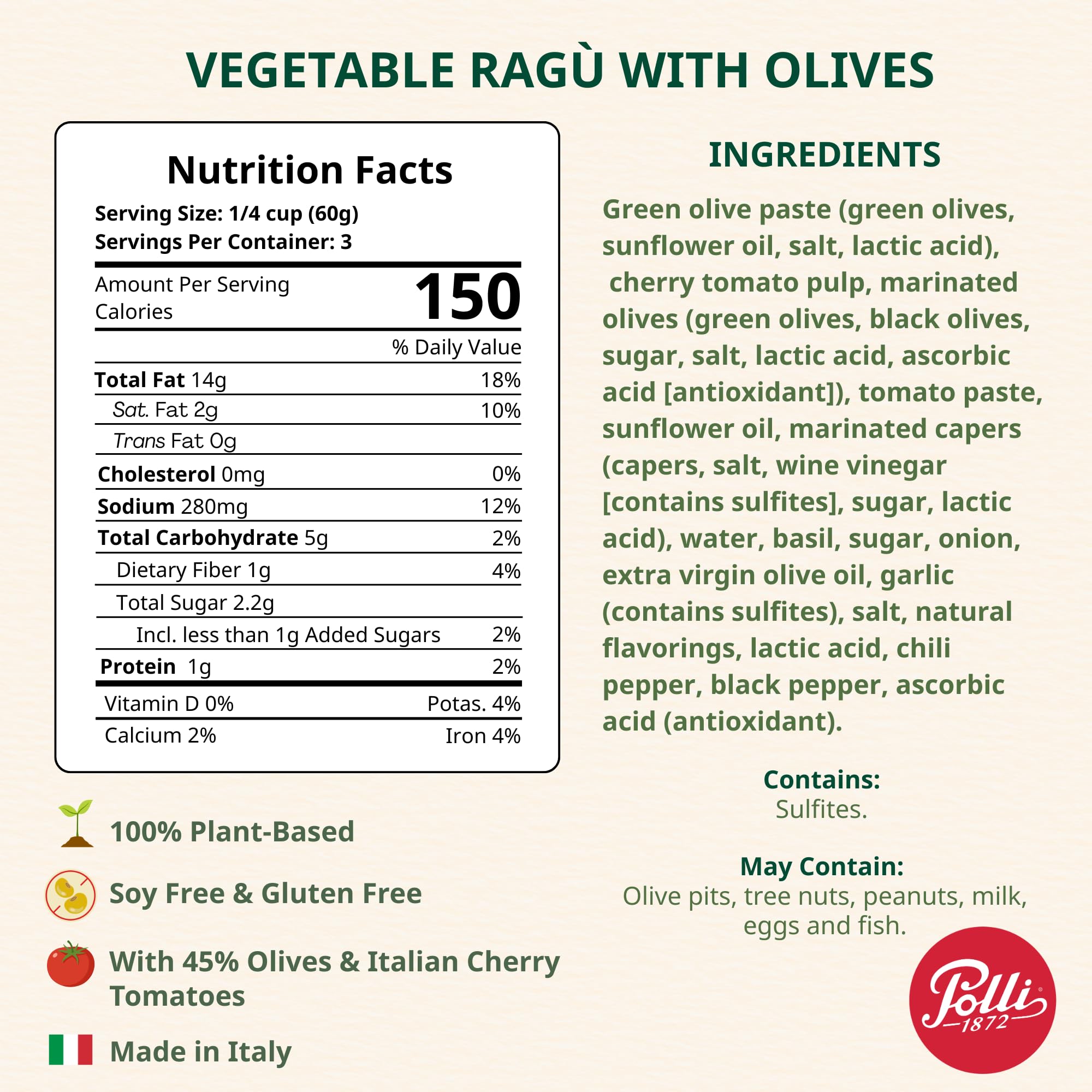 Polli Plant Based Ragù with Olives and Italian Cherry Tomatoes - Mild Mediterranean Pasta Sauce, Made in Italy, Gluten Free, 2 x 3.2 oz Jars (6.4 oz