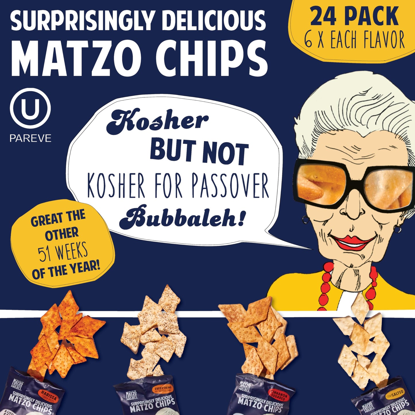 Matzo Chips, Variety Pack of 24 Snack Bags, 1 Oz., 6 of Each Flavor (Everything, Salted, Cinnamon Sugared) from The Matzo Project, Kosher (But Not