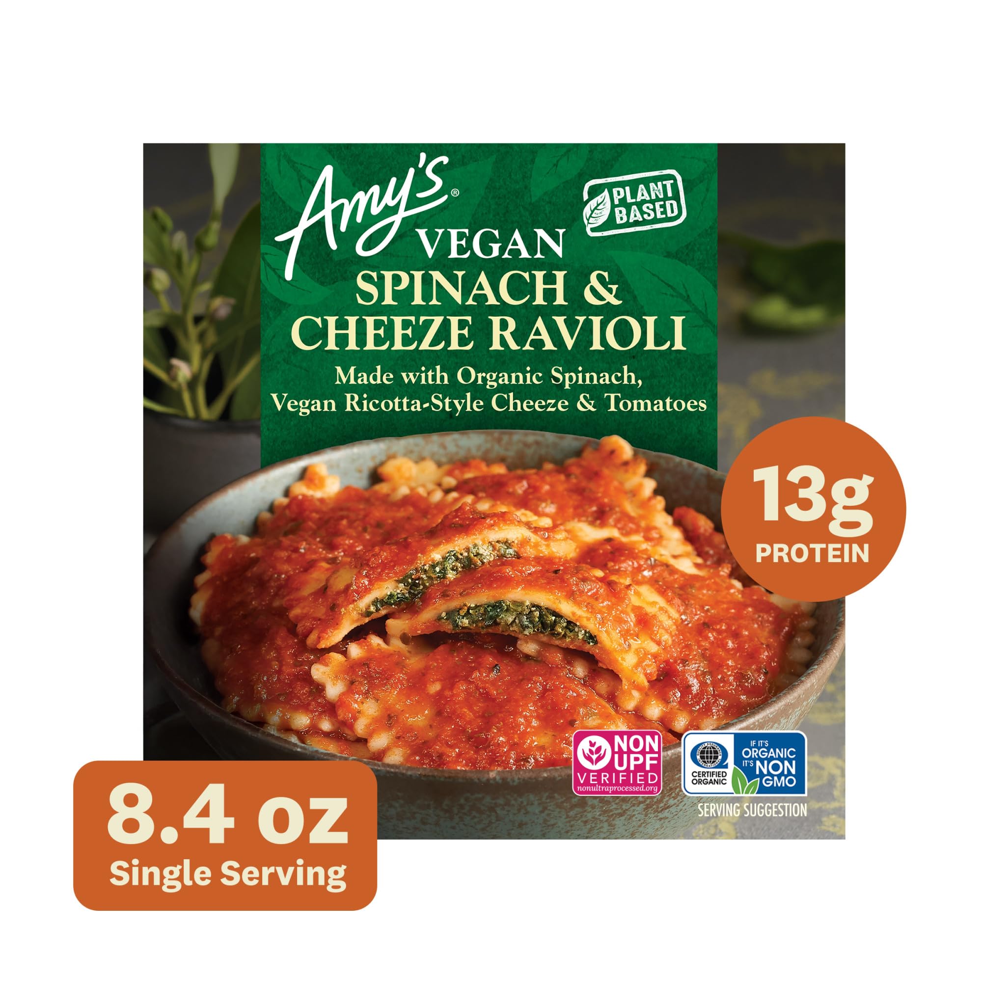 Amy's Frozen Meals, Spinach and Cheeze Ravioli Bowl, Made With Organic Spinach, Vegan Ricotta-Style Cheeze and Tomatoes, Microwave Meals, 8.4 Oz