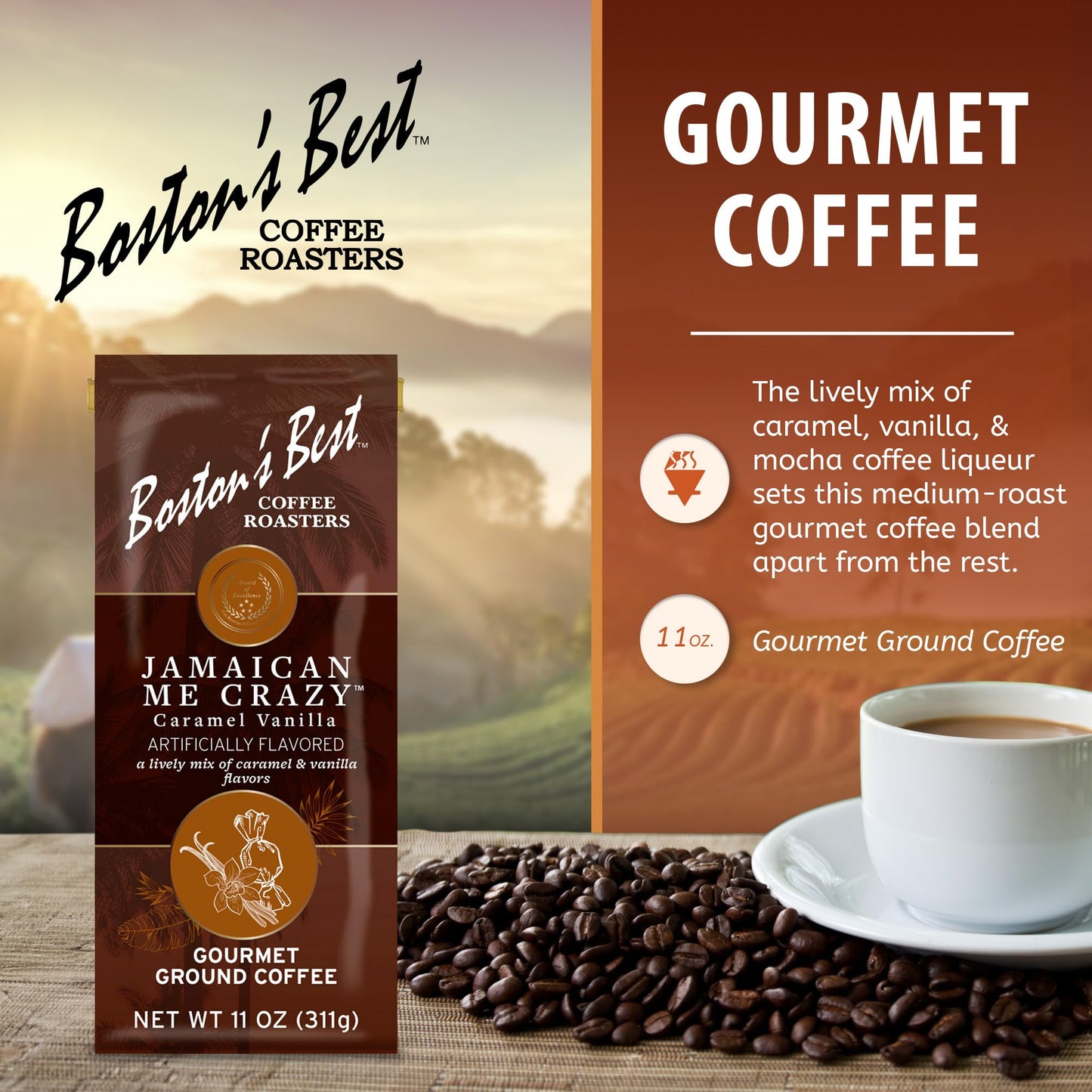 Boston’s Best Coffee - Jamaican Me Crazy Flavored Delicious Gourmet Premium Ground Coffee, 11 oz. / 311 g Bag