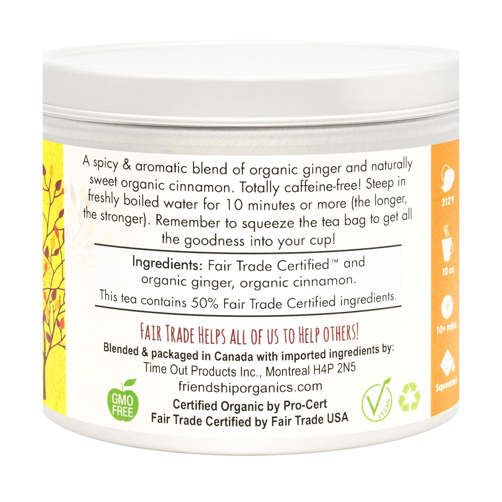Friendship Organics Ginger Cinnamon Tea Bags, Organic Herbal and Fair Trade 22 Count