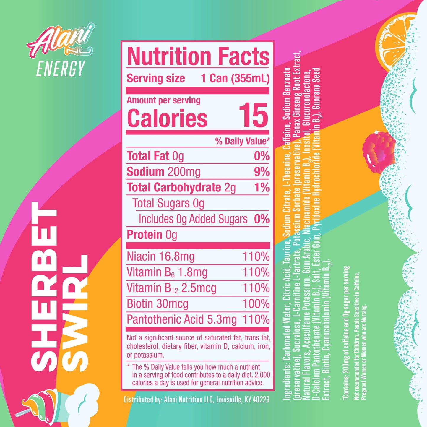 Alani Nu SHERBET SWIRL Sugar Free, Low Calorie Energy Drinks, 200mg Caffeine, Biotin B Vitamins, Zero Sugar, 10 Calories, 12 Fl Oz Cans, 12 Pack