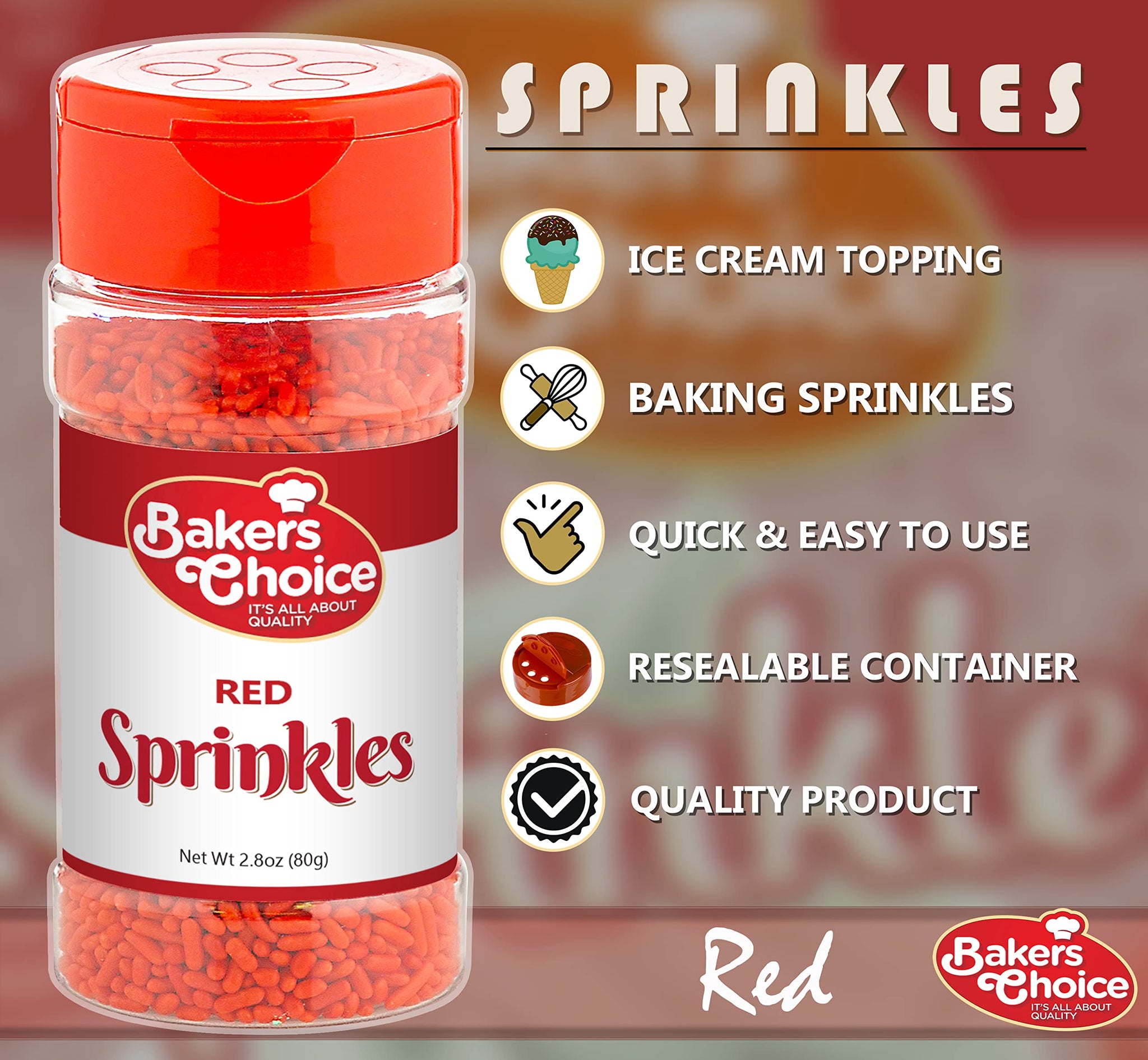 Bakers Choice Red Sprinkles for Baking - Jimmies Sprinkles for Ice Cream Toppings - Dairy Free, Kosher 2.8 oz.
