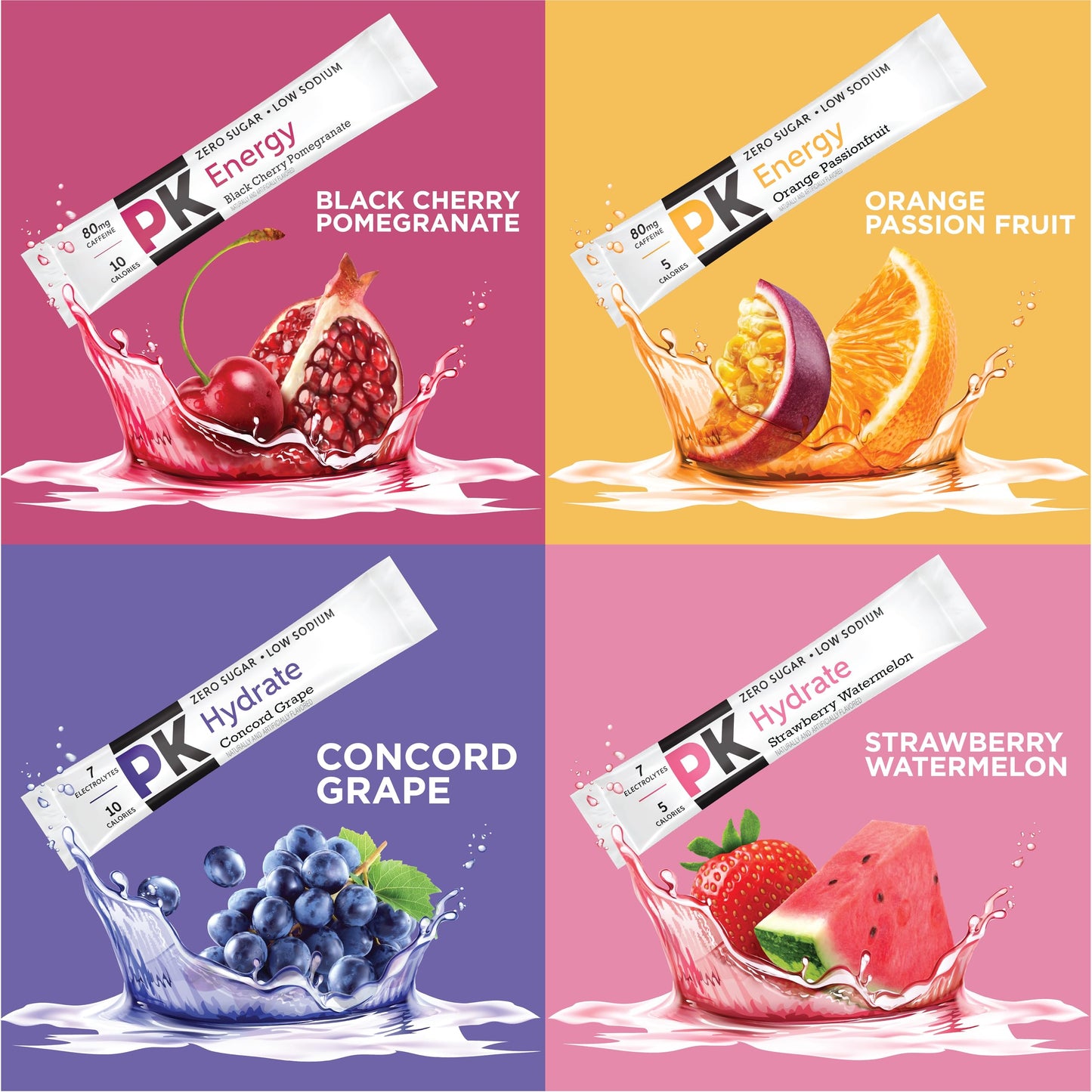 PURE KICK Energy and Hydrate Singles To Go Drink Mix Variety Pack, Black cherry Pomegranate, Orange Passion Fruit, Strawberry watermelon and Concord