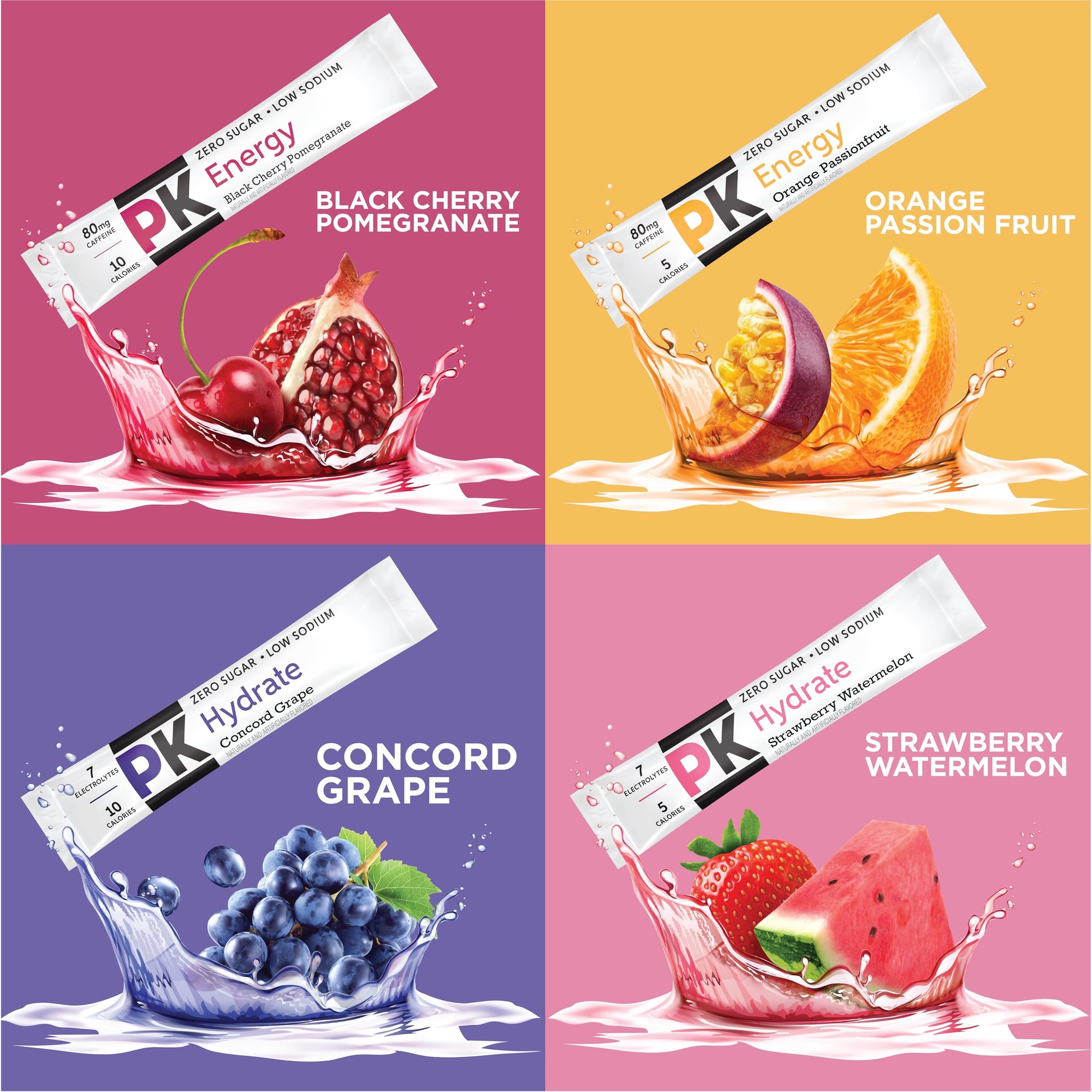 PURE KICK Energy and Hydrate Singles To Go Drink Mix Variety Pack, Black cherry Pomegranate, Orange Passion Fruit, Strawberry watermelon and Concord