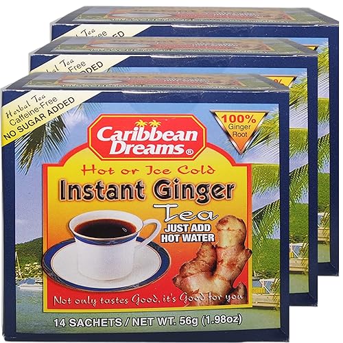 Caribbean Dreams Instant Ginger Tea, Unsweetened, 18g (Pack of 3) - Total 42 Tea Bags