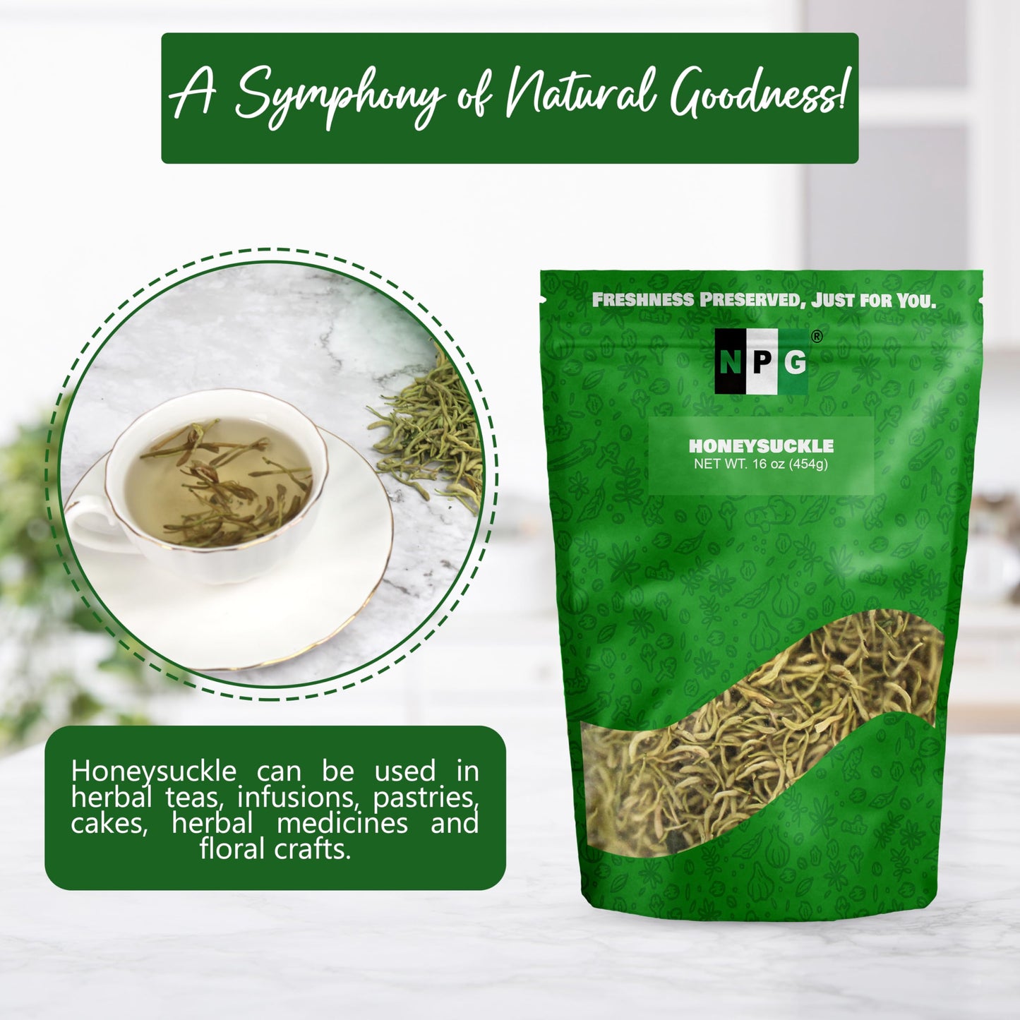 NPG Dried Honeysuckle Bulk 16 Oz, Jin Yin Hua, Natural Herbal Tea, Sweet Floral Aroma, Resealable Packaging, Versatile for Relaxing Teas, Traditional