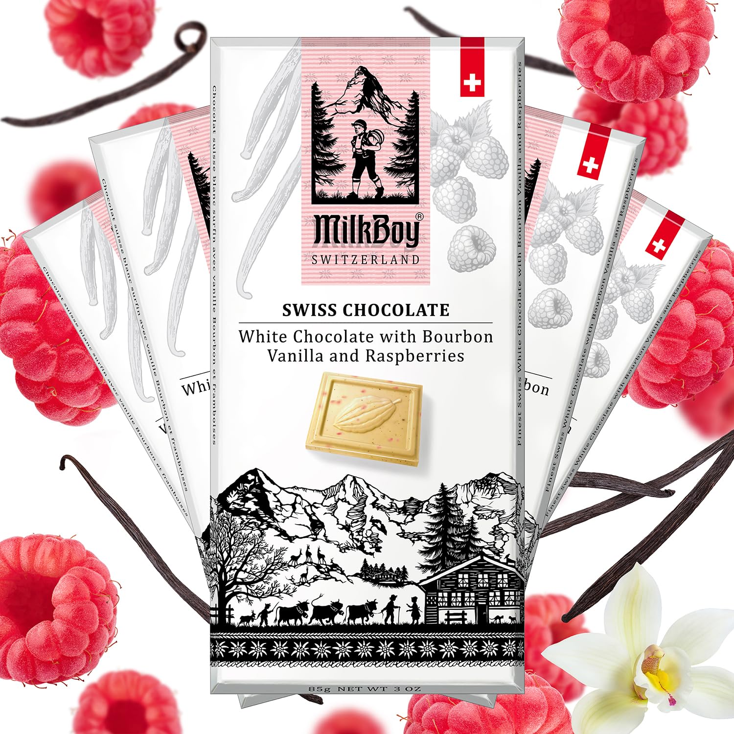 MilkBoy Swiss Chocolates - Premium White Chocolate Bars with Bourbon Vanilla and Raspberry - Candy Bars, Gluten Free, Non-GMO, Kosher - 3 oz (Pack