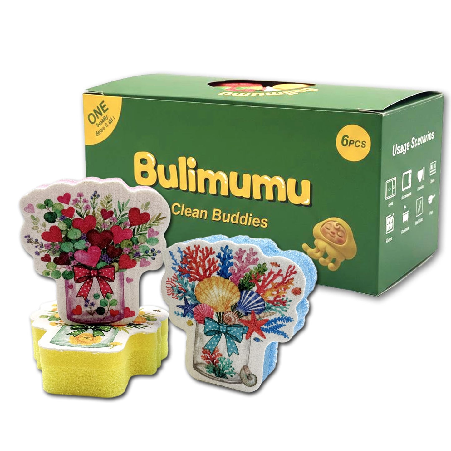 Bulimumu 3-Layer Floral Vase Dish Sponge (6 Pack) - Swedish Dishcloth Top + Soft Sponge Middle + Smart Temperature-Sensing Scrubber - Dual-Action