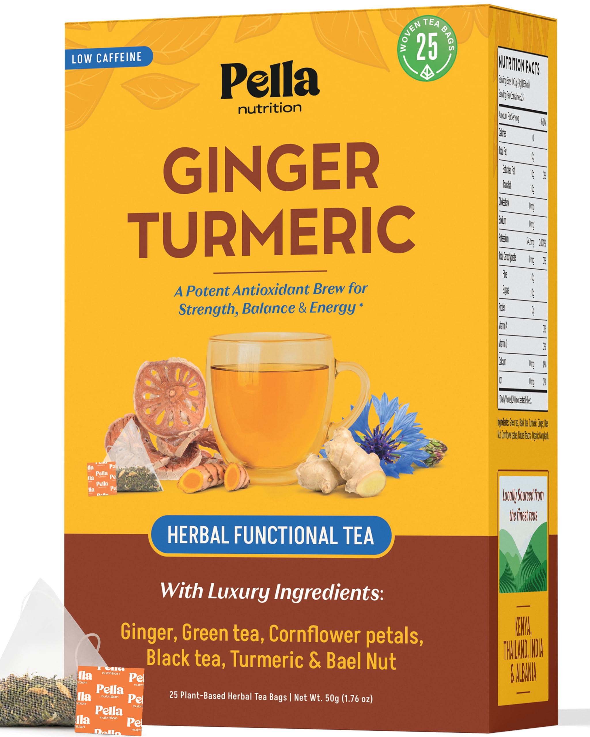 Ginger Turmeric with Black & Green Tea - Blended with Bael Nut & Cornflower Petals - Vegan, Kosher, Non-GMO Low Caffeine - Hot or Iced Herbal Drink