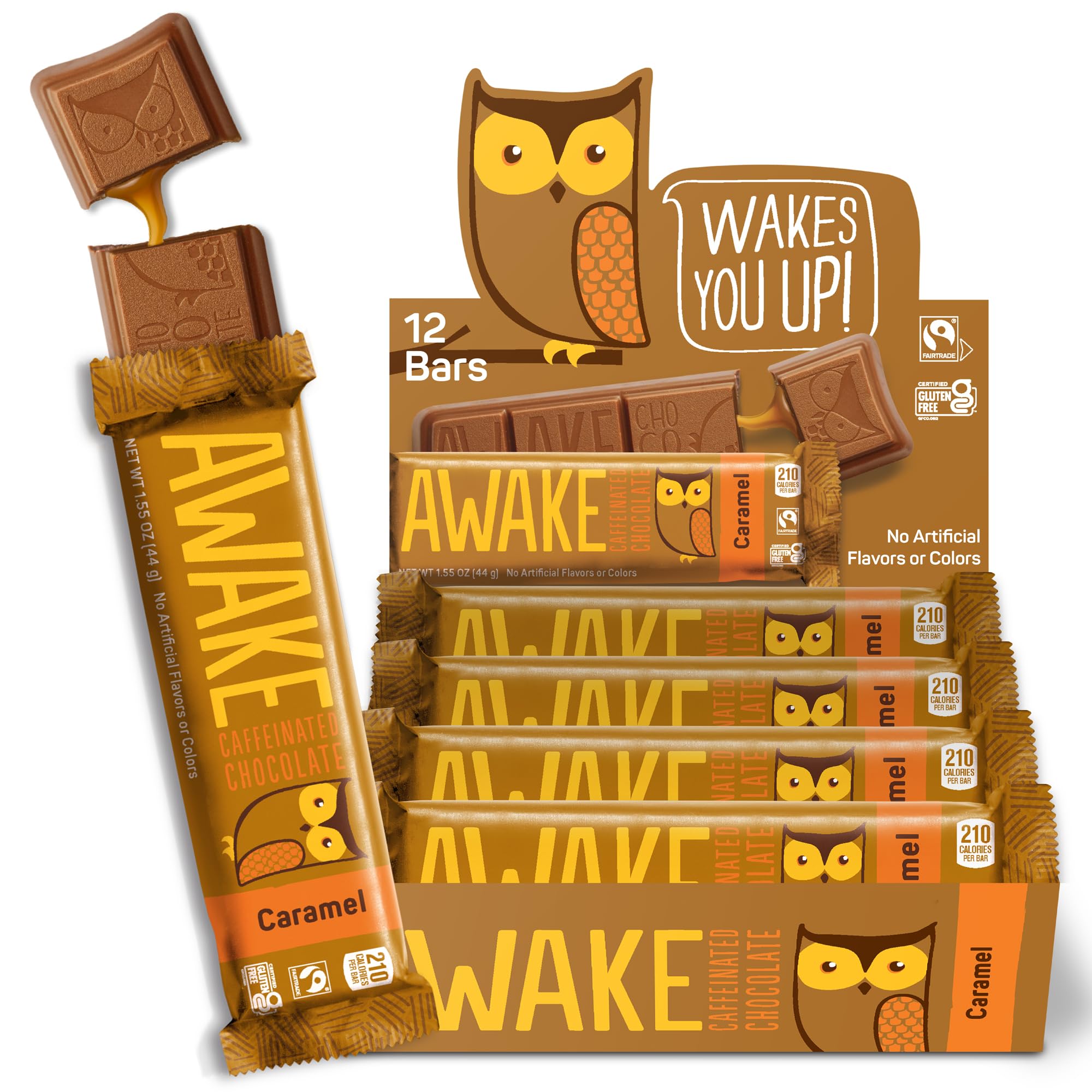 Awake Caffeinated Chocolate Energy Bar, Caramel Chocolate Energy Bar, 1 Bar Equals 1 Cup of Coffee, 12 Bars (18.6 oz)