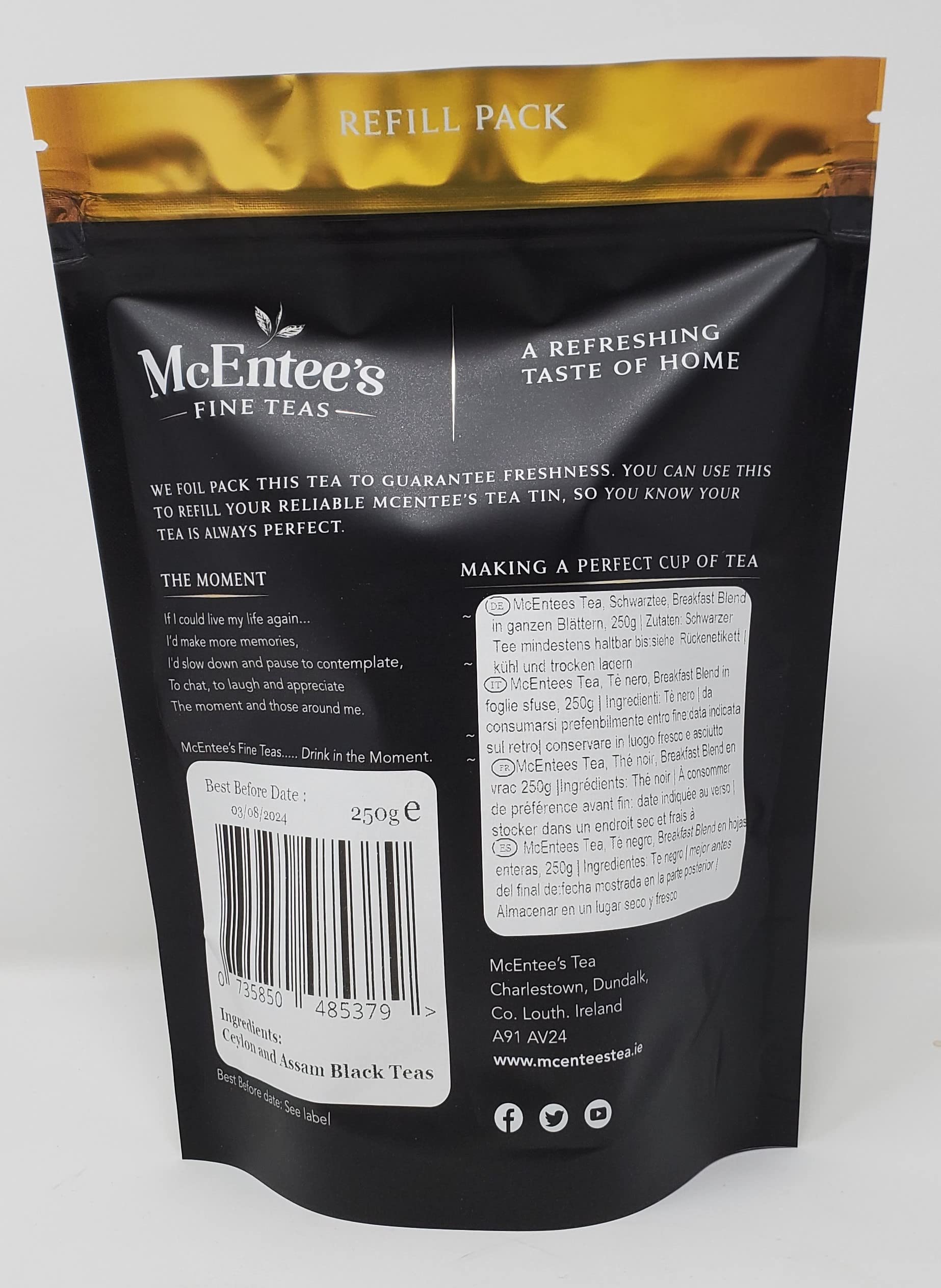 McEntee's Irish Breakfast Tea (Pack of 4) - 250g Refill Bags - Expertly Blended in Ireland. A Traditional Irish Blend of Ceylon and Assam tea's