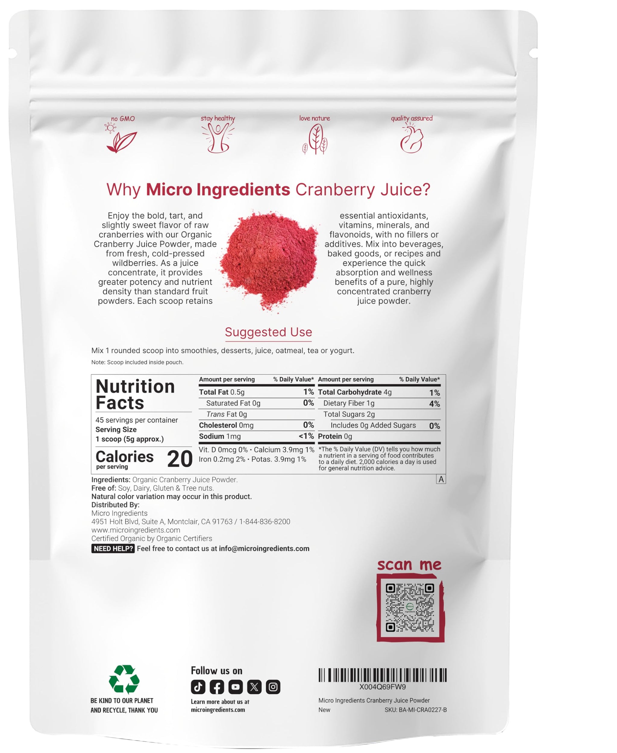 Sustainably US Grown, Organic Cranberry Juice Powder (Wild Cranberry Supplements Cold Pressed), 8 Ounce | Supports Urinary Tract Cleanse & Prostate