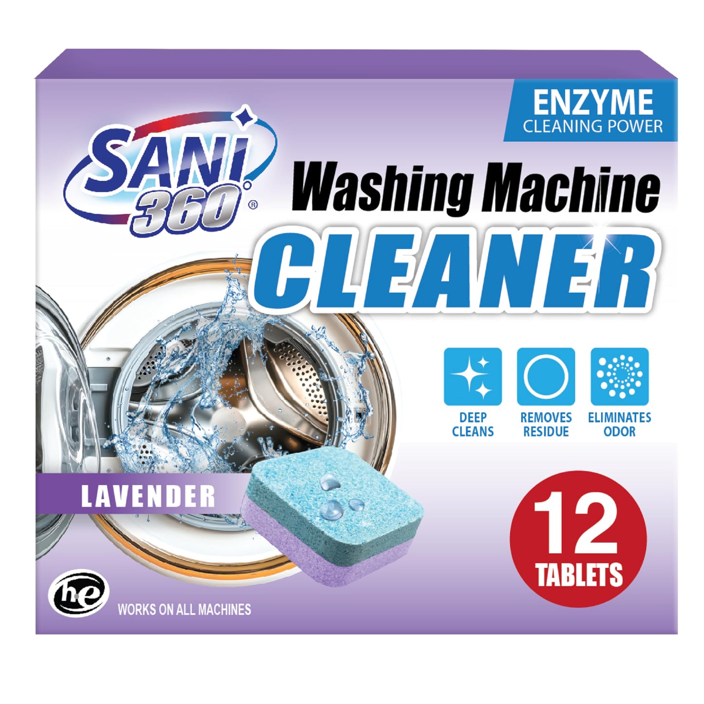 SANI 360° Washing Machine Cleaning tablets, 12 pack is Formulated with Enzyme, Deep Cleans and Deodorizes Front and Top Loading Washers use up