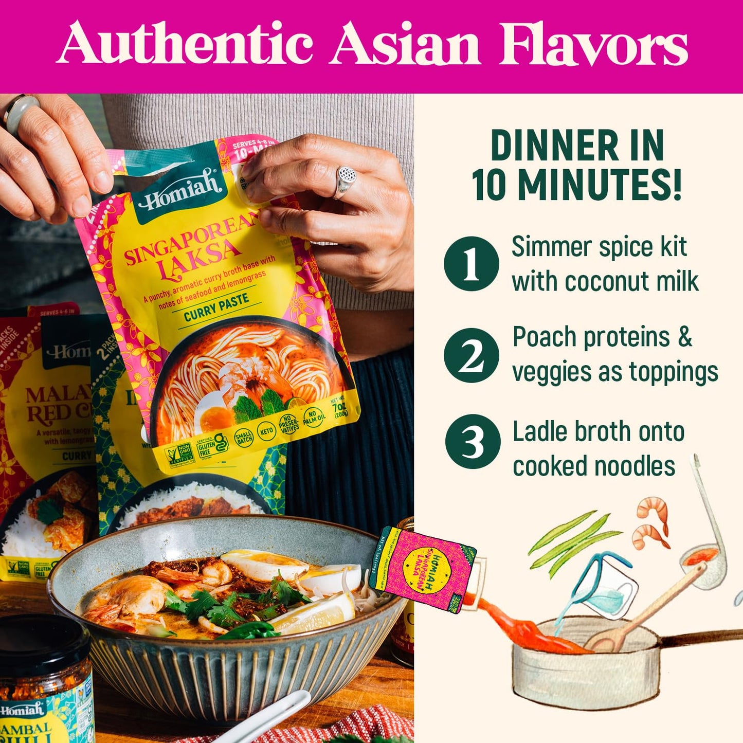 Homiah Laksa Curry Paste (Value 3 Pack x 7 Oz) - Gluten Free, Non-GMO Malaysian Curry Paste - Laksa Curry Paste, Thai Essentials for Kitchen - Premium