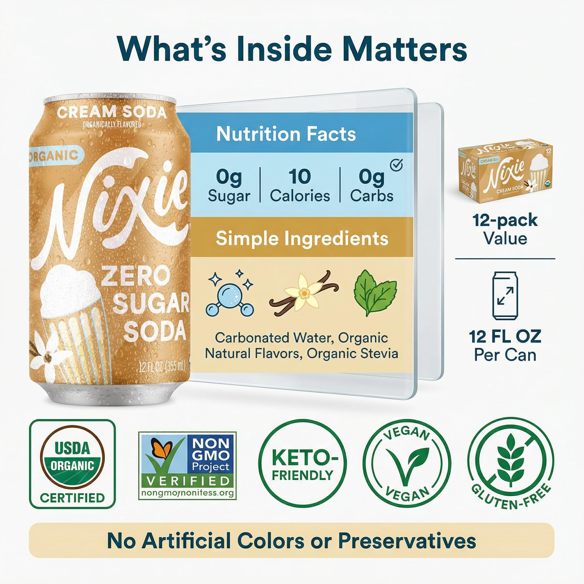 Nixie Soda Zro Sgr Crm Soda Og - 12 fl oz Can Cream - Pack of 1 - Prebiotic Inspired Alternative to Cola Root Beer Ginger Ale and Orange with a Random