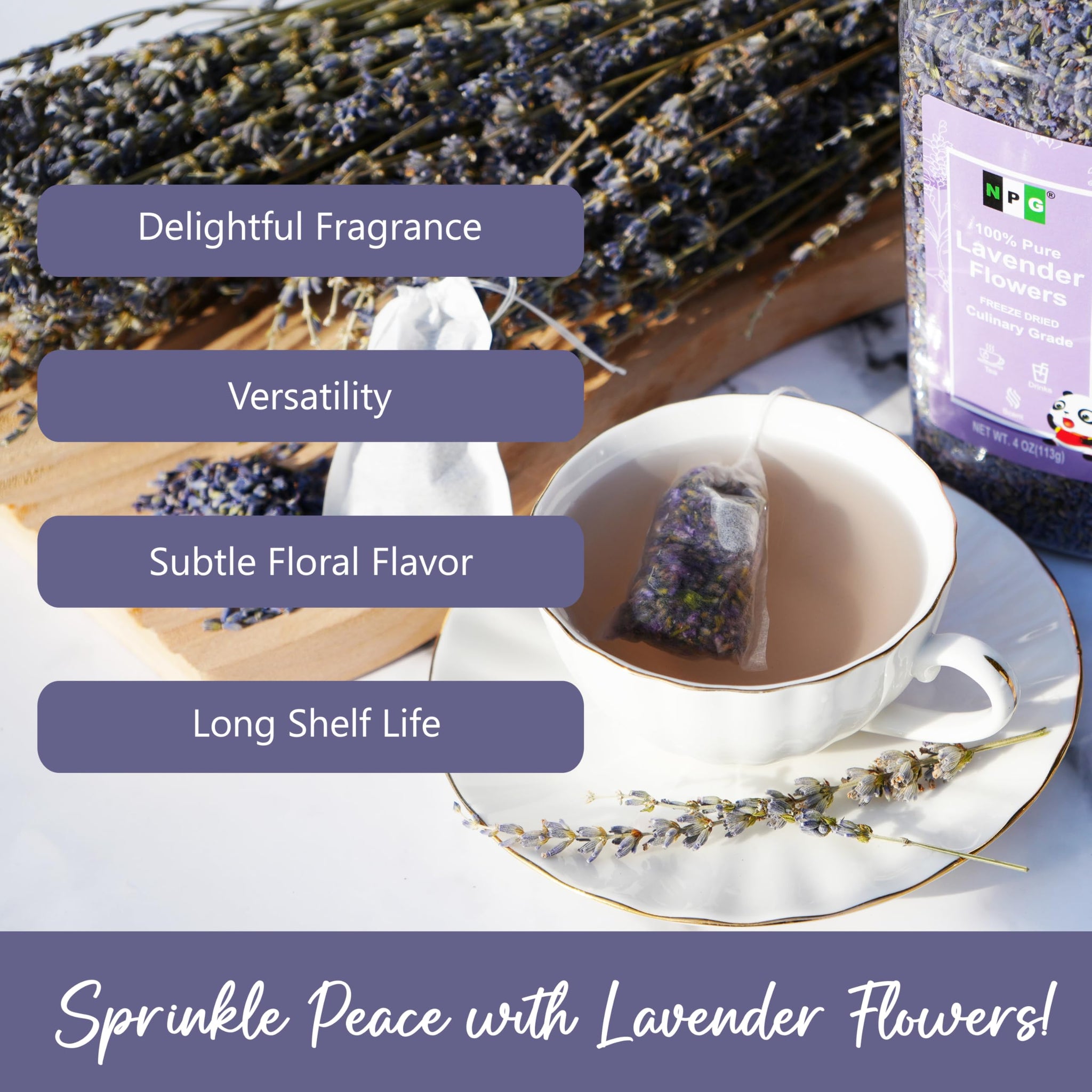 NPG Freeze Dried Lavender Flowers 4 Oz, Culinary Grade Lavender Buds for Tea, Baking, DIY Soap, Candle Making, Potpourri, Natural Fragrance Sachets