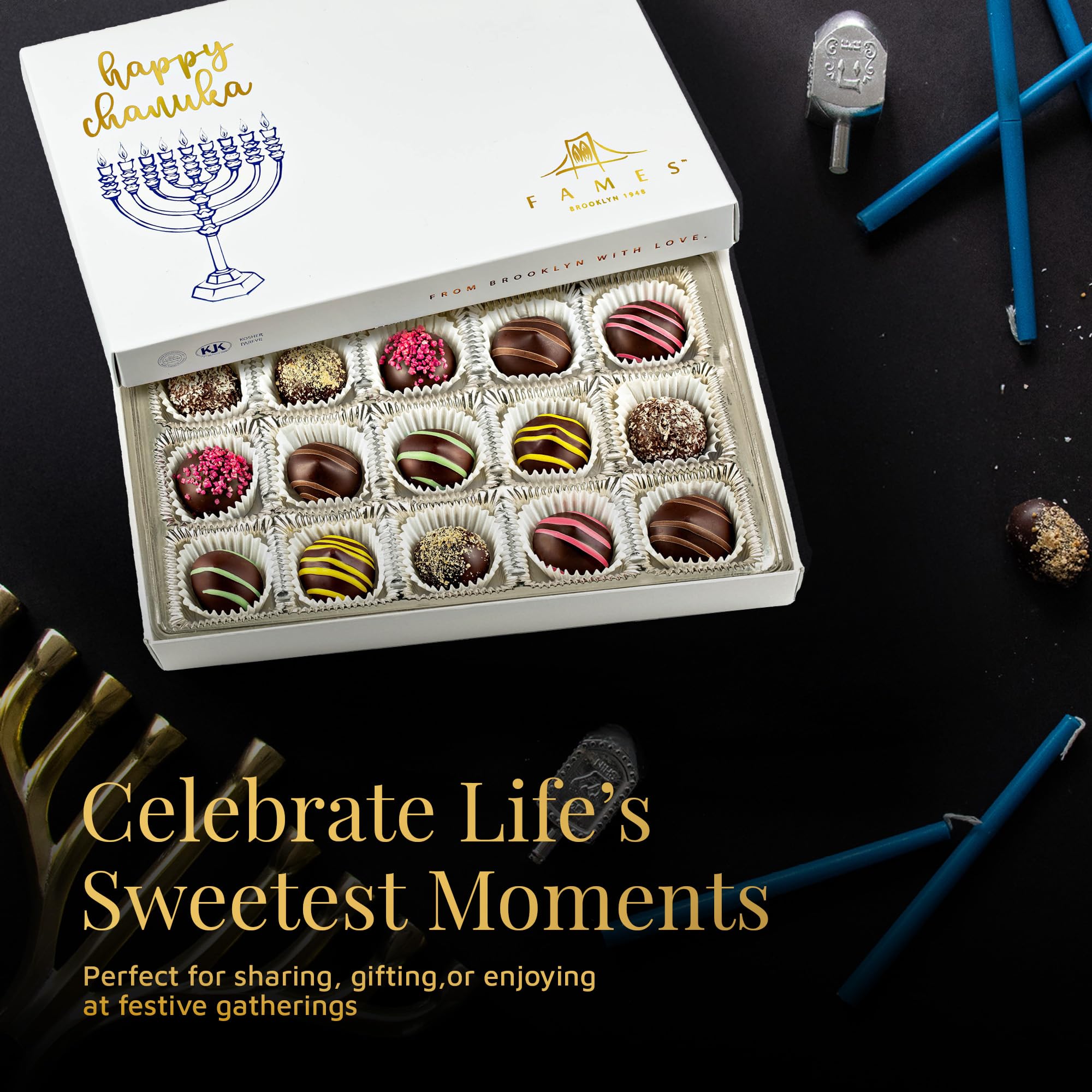 Kosher Dark Chocolate Truffles Gift Box - A Delicious Dairy Free Hanukkah Chocolate Candy for Gifting - Box of Chocolates Chanukah Gift for Women