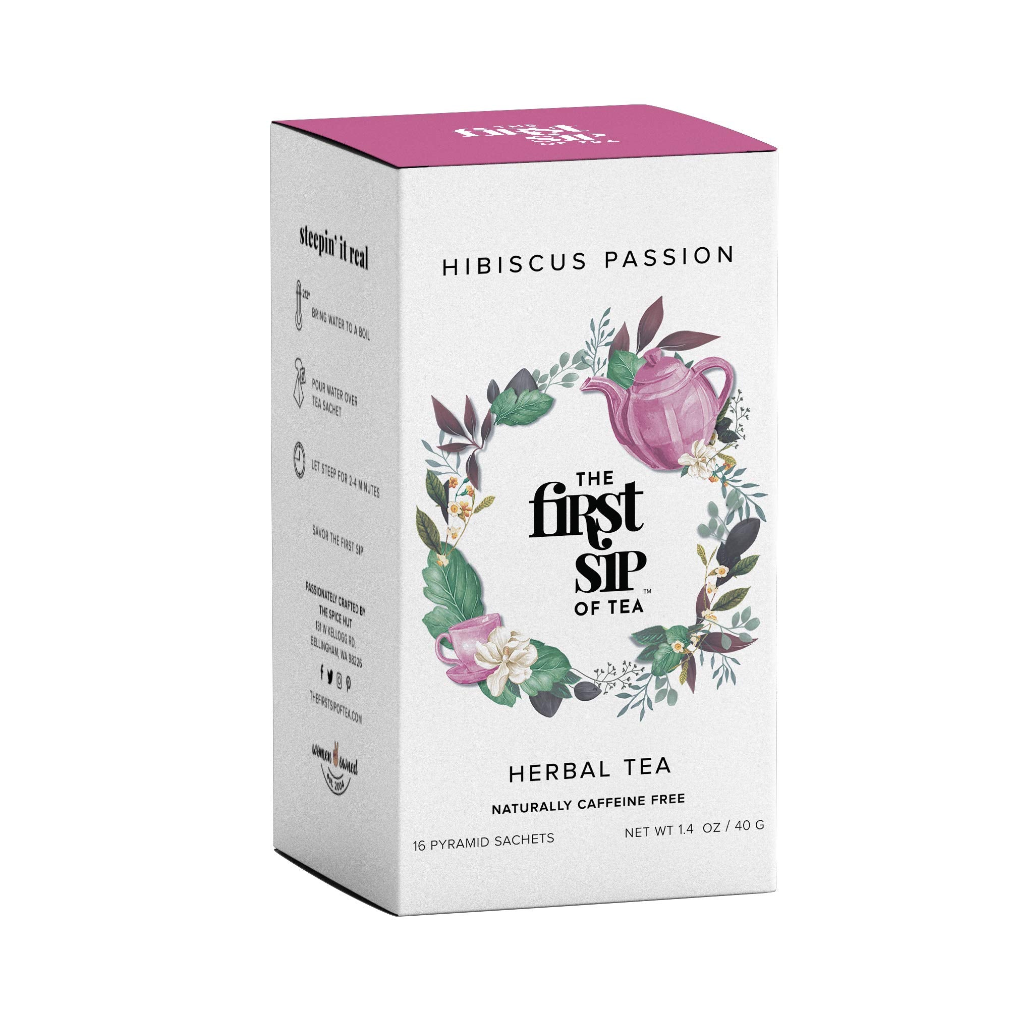 Hibiscus Passion, Herbal Tea Bags, Lemongrass, Orange, Cinnamon, Pure Herbs, Caffeine Free, Hot & Iced Tea - 16 Cups | The Spice Hut, First Sip Of Tea