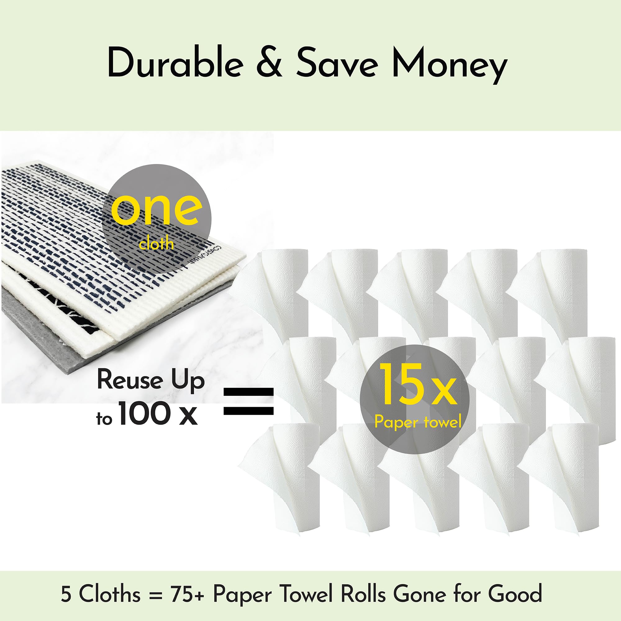 SIMPLYCASA Long 5?Pack Swedish Dishcloths - Reusable, Cellulose Sponge Dish Cloths for Washing Dishes, Paper Towel Replacement, Plastic-Free