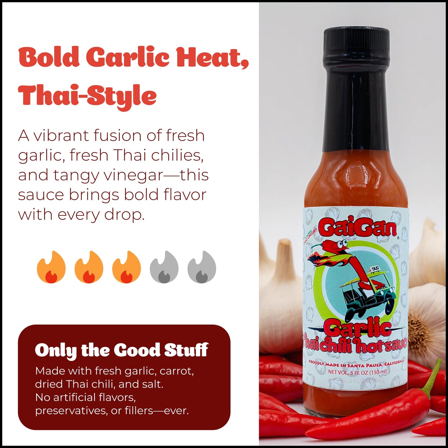 GaiGan - Garlic Thai Chili Hot Sauce Dip & Glaze, All Natural Gluten Free Vegan Condiments with Low Sodium & No Preservatives, 150 mL