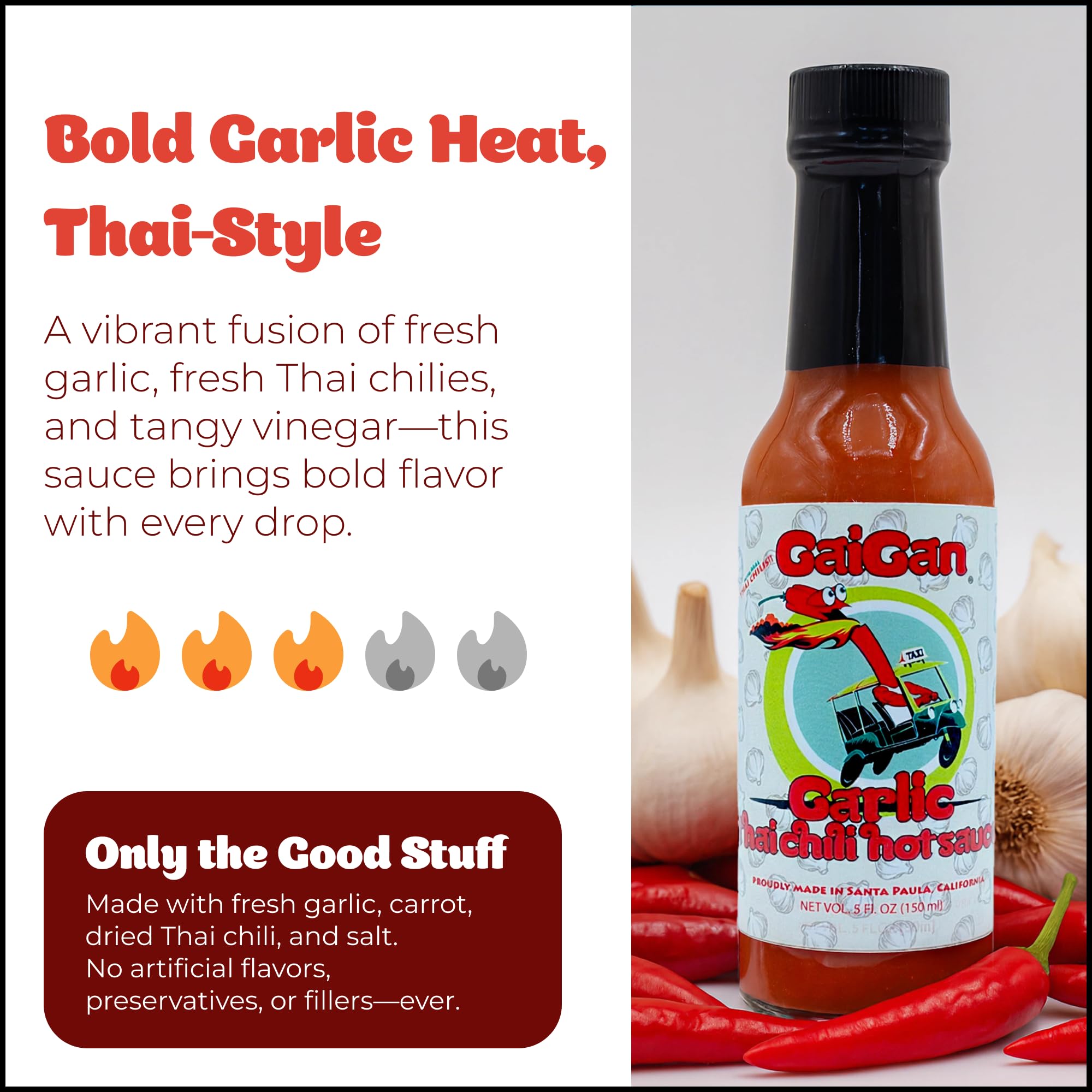 GaiGan - Garlic Thai Chili Hot Sauce Dip & Glaze, All Natural Gluten Free Vegan Condiments with Low Sodium & No Preservatives, 150 mL