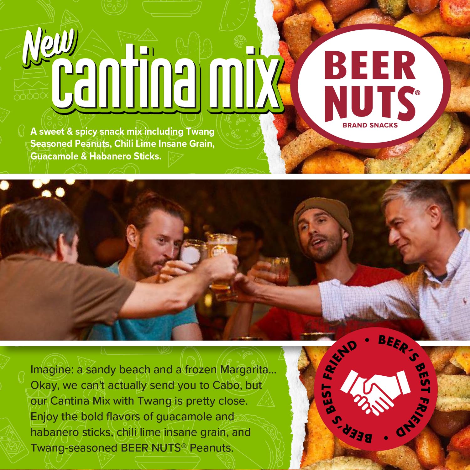 Beer Nuts Cantina Mix, Crunchy Party Pretzels, Cheese Sticks, Sesame Sticks, Roasted Corn Nuts, & Original Roasted Sweet Glazed Salted Peanuts,