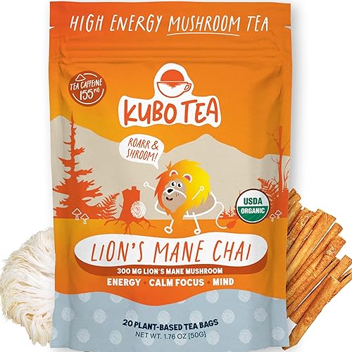 Kubo Lion’s Mane Chai Tea Bags | Organic High Caffeine (155mg) Black Tea + Lion’s Mane Mushroom | 20 Pyramid Count | Caffeinated Tea for Calm Focus