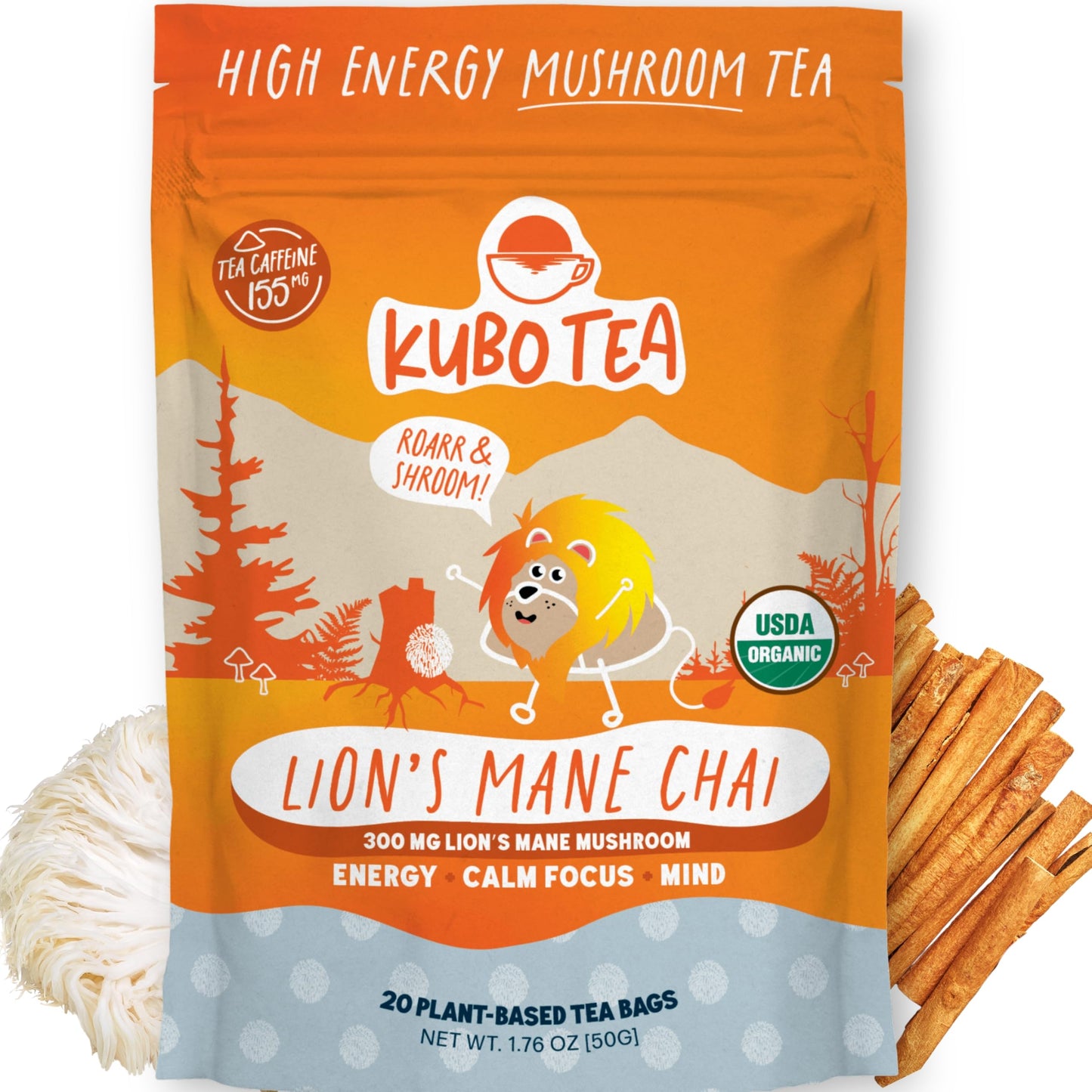 Kubo Lion’s Mane Chai Tea Bags | Organic High Caffeine (155mg) Black Tea + Lion’s Mane Mushroom | 20 Pyramid Count | Caffeinated Tea for Calm Focus