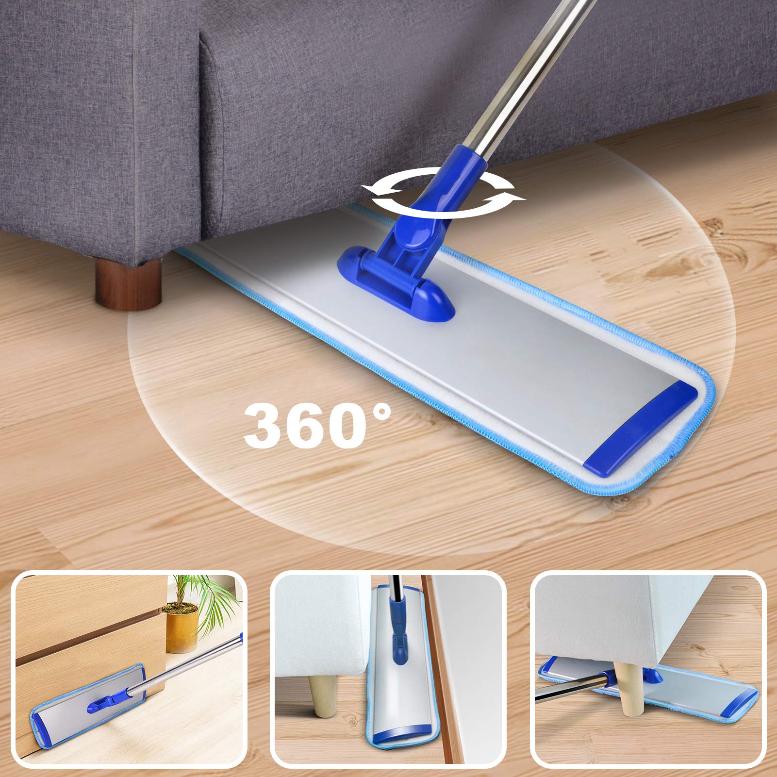 18" Professional Microfiber Mop Floor Cleaning System, Flat Mop with Stainless Steel Handle, 4 Reusable Washable Mop Pads, Wet and Dust Mopping