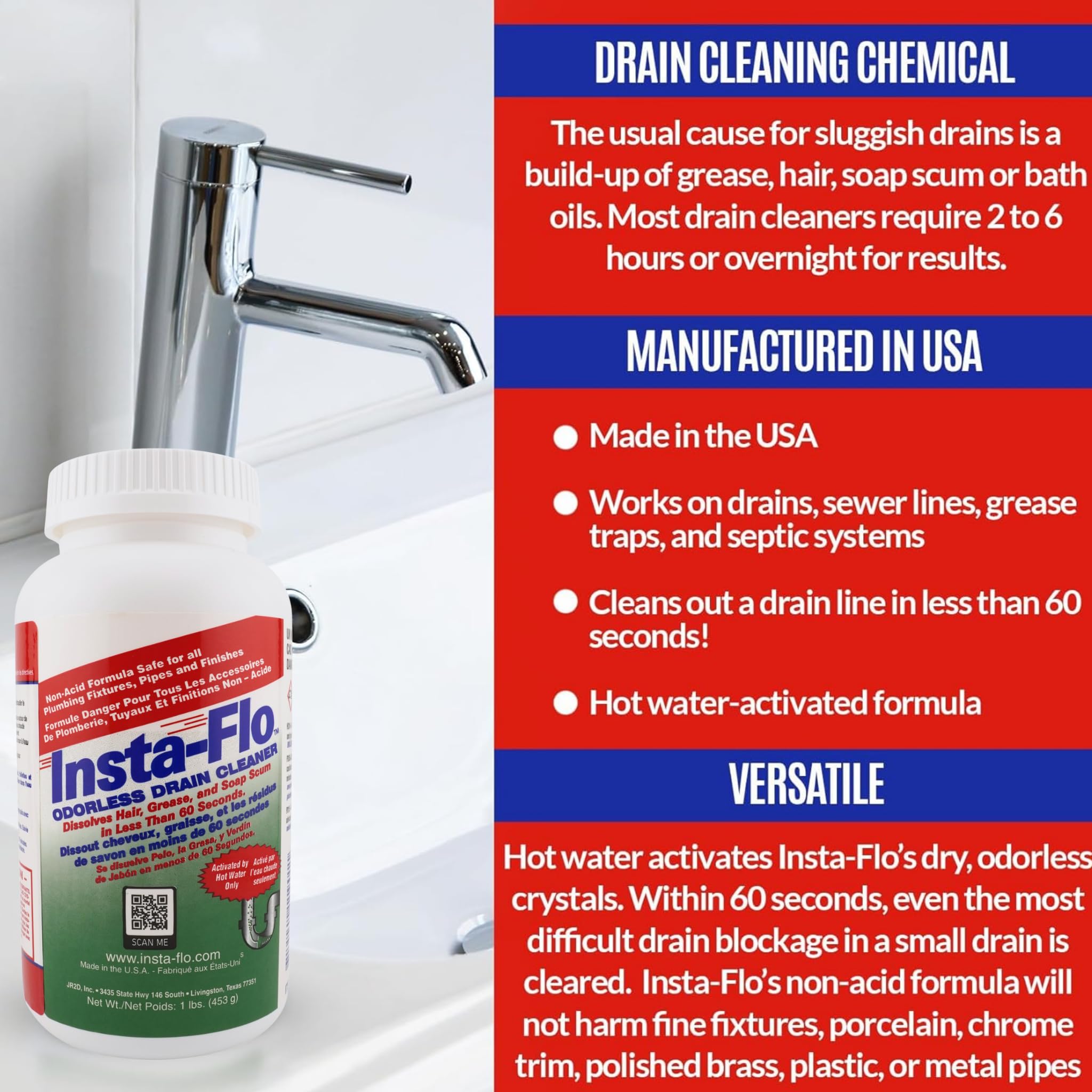 Insta-Flo Crystals Drain Cleaner - 1 lb (16 oz) - Odorless Drain Opener for Hair & Grease by Thrift Marketing