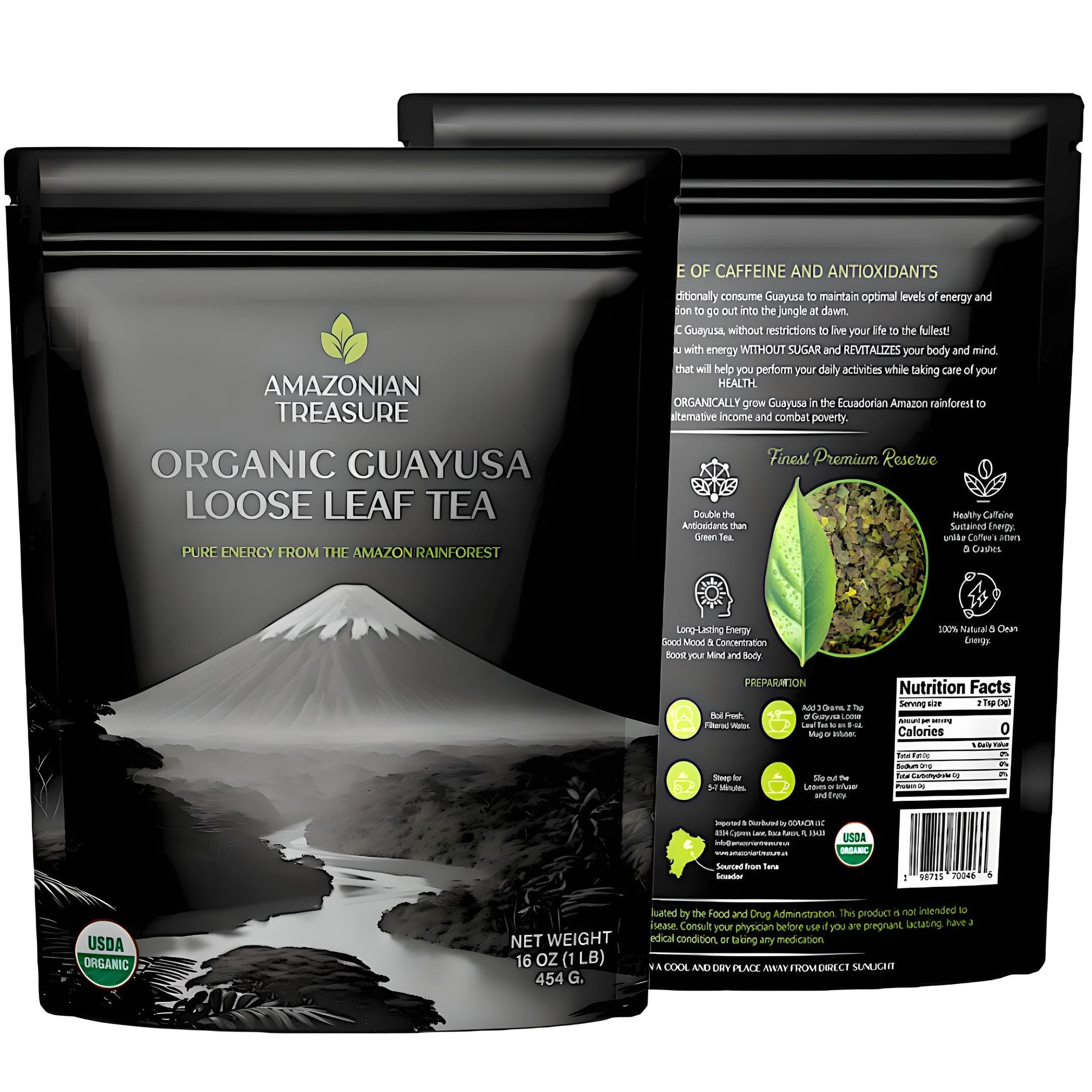 Amazonian Treasure Organic Guayusa Loose Leaf Tea, 16 OZ (1LB), Smooth Energy Boost, Alternative to Coffee & Yerba Mate, 60 mg Caffeine per Serving.